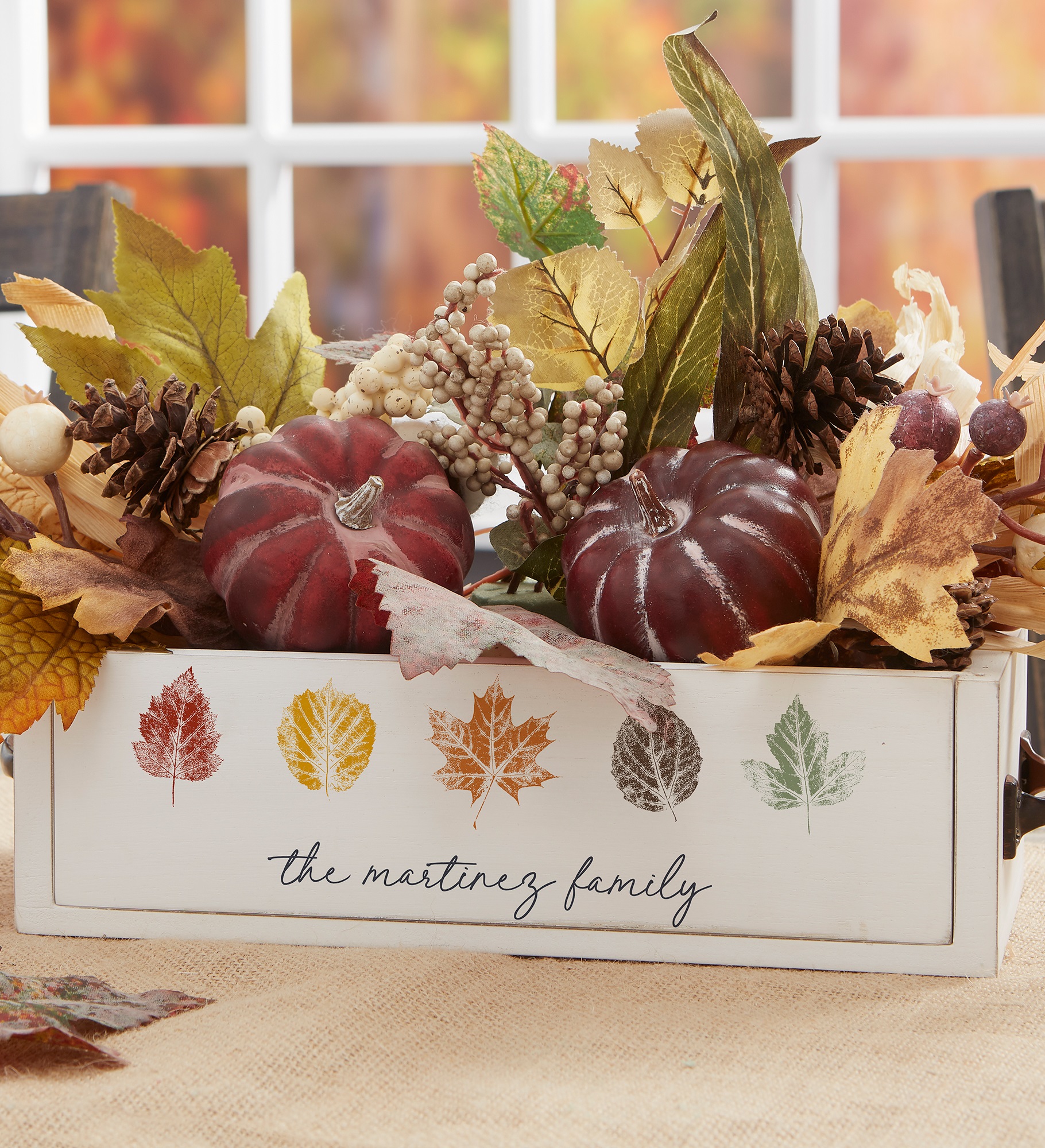 Stamped Leaves Personalized Fall Wooden Box Centerpiece