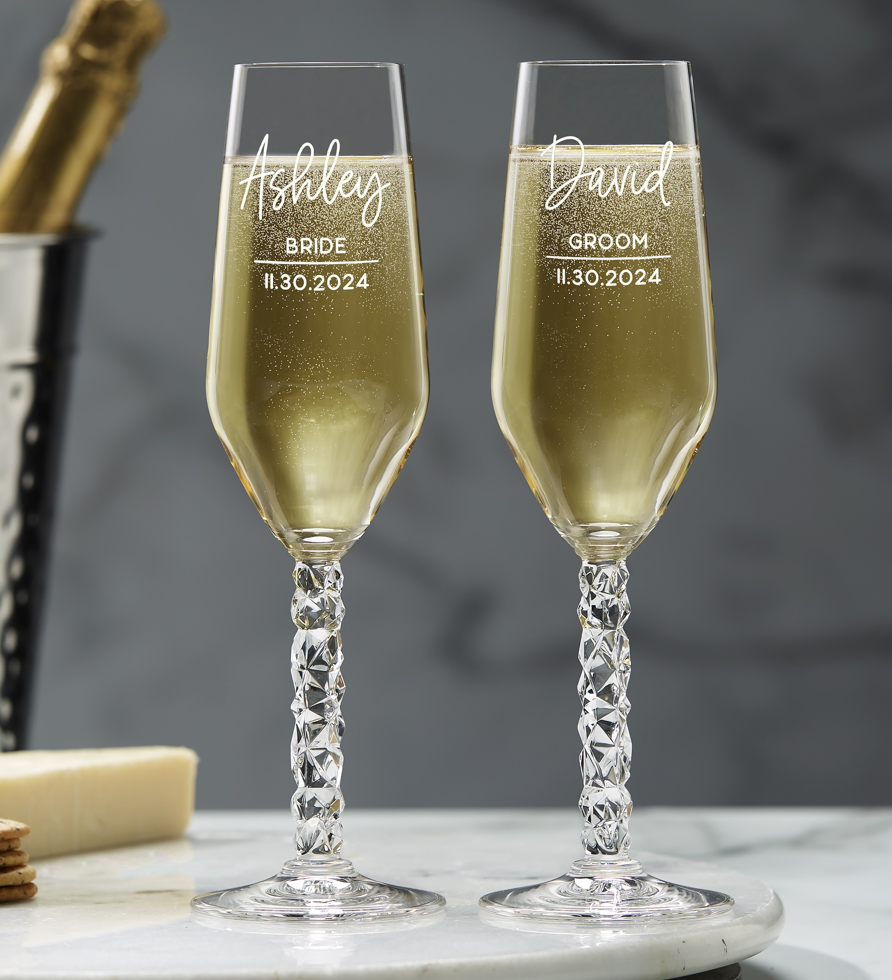 Orrefors Carat Personalized Modern Wedding Champagne Flute Set 
