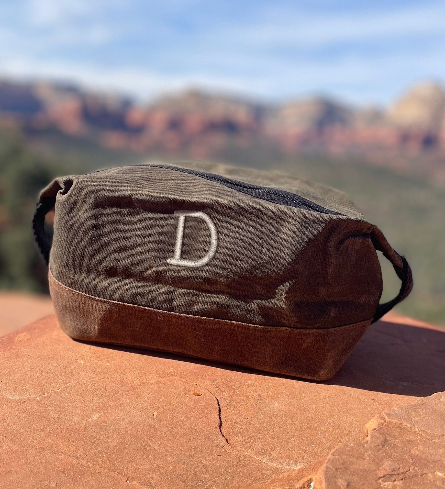 Embroidered Olive Waxed Canvas Travel Toiletry Bag