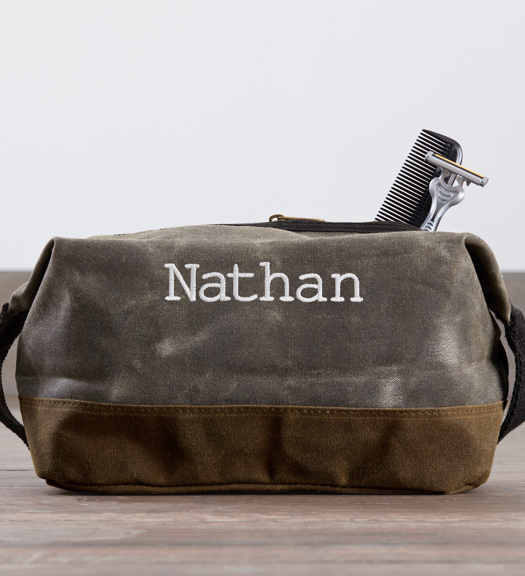 Embroidered Olive Waxed Canvas Travel Toiletry Bag
