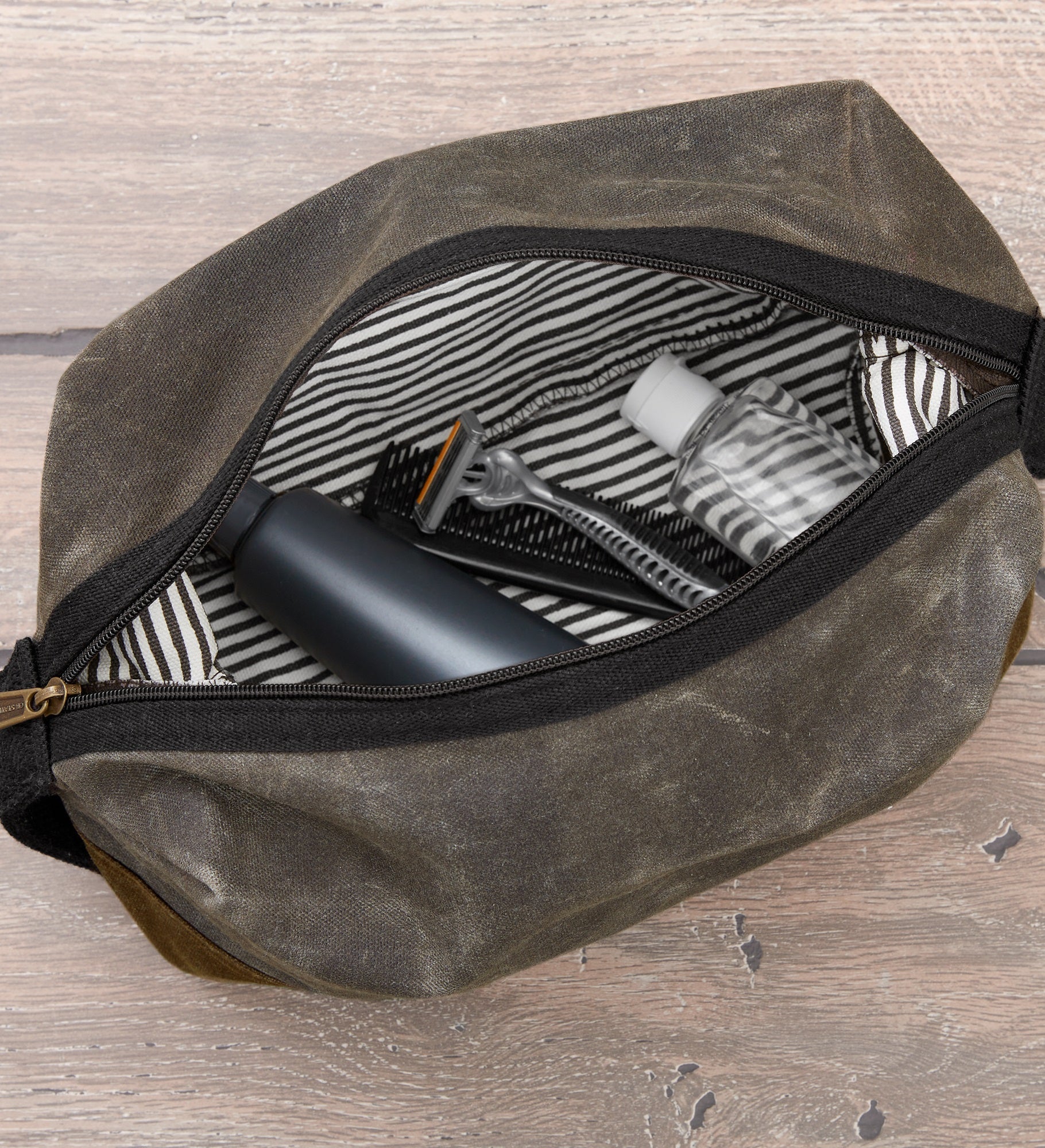 Embroidered Olive Waxed Canvas Travel Toiletry Bag