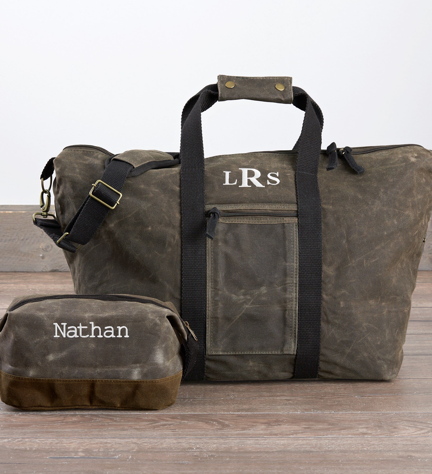 Embroidered Olive Waxed Canvas Travel Toiletry Bag