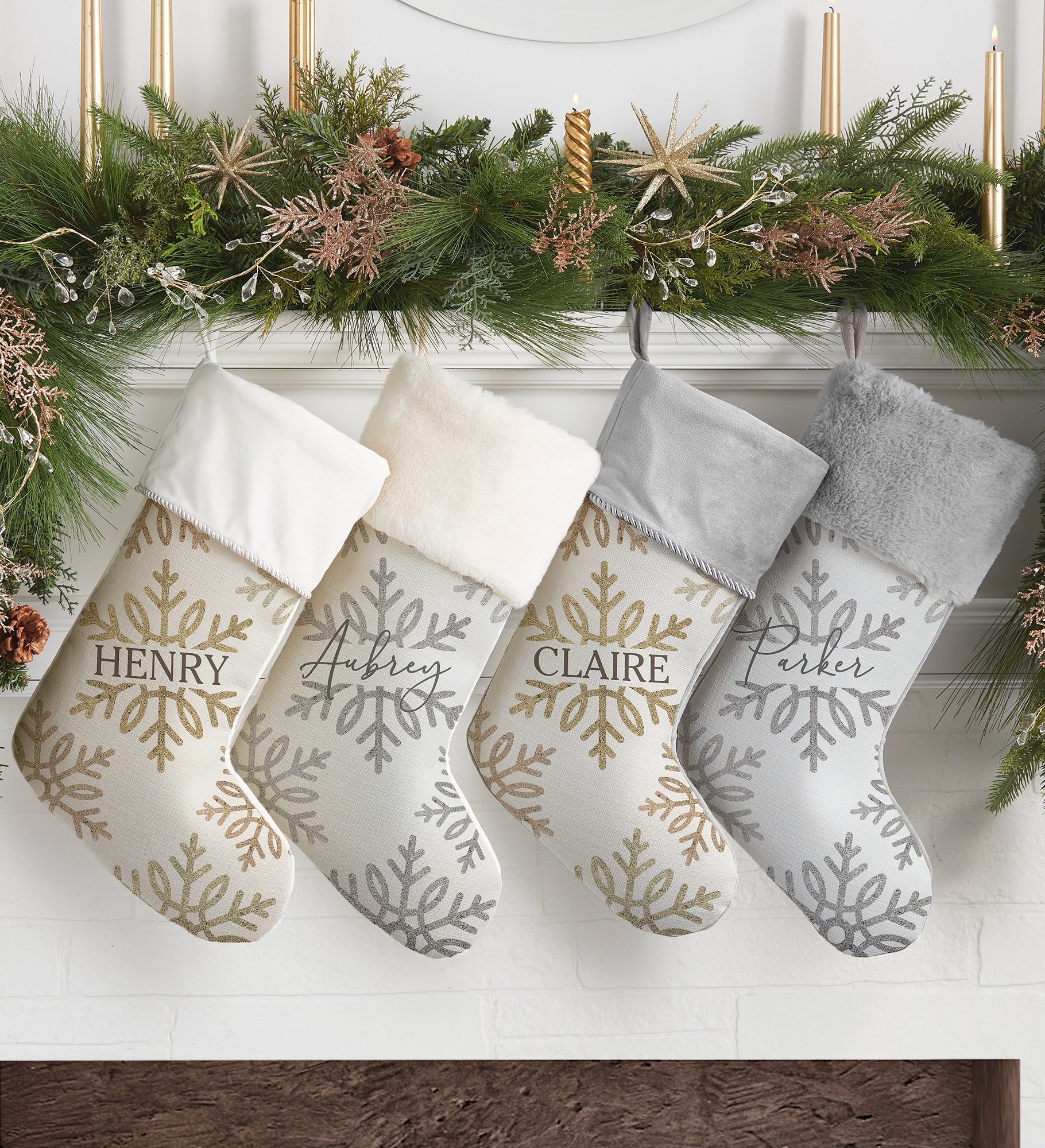 Silver and Gold Snowflakes Personalized Christmas Stockings