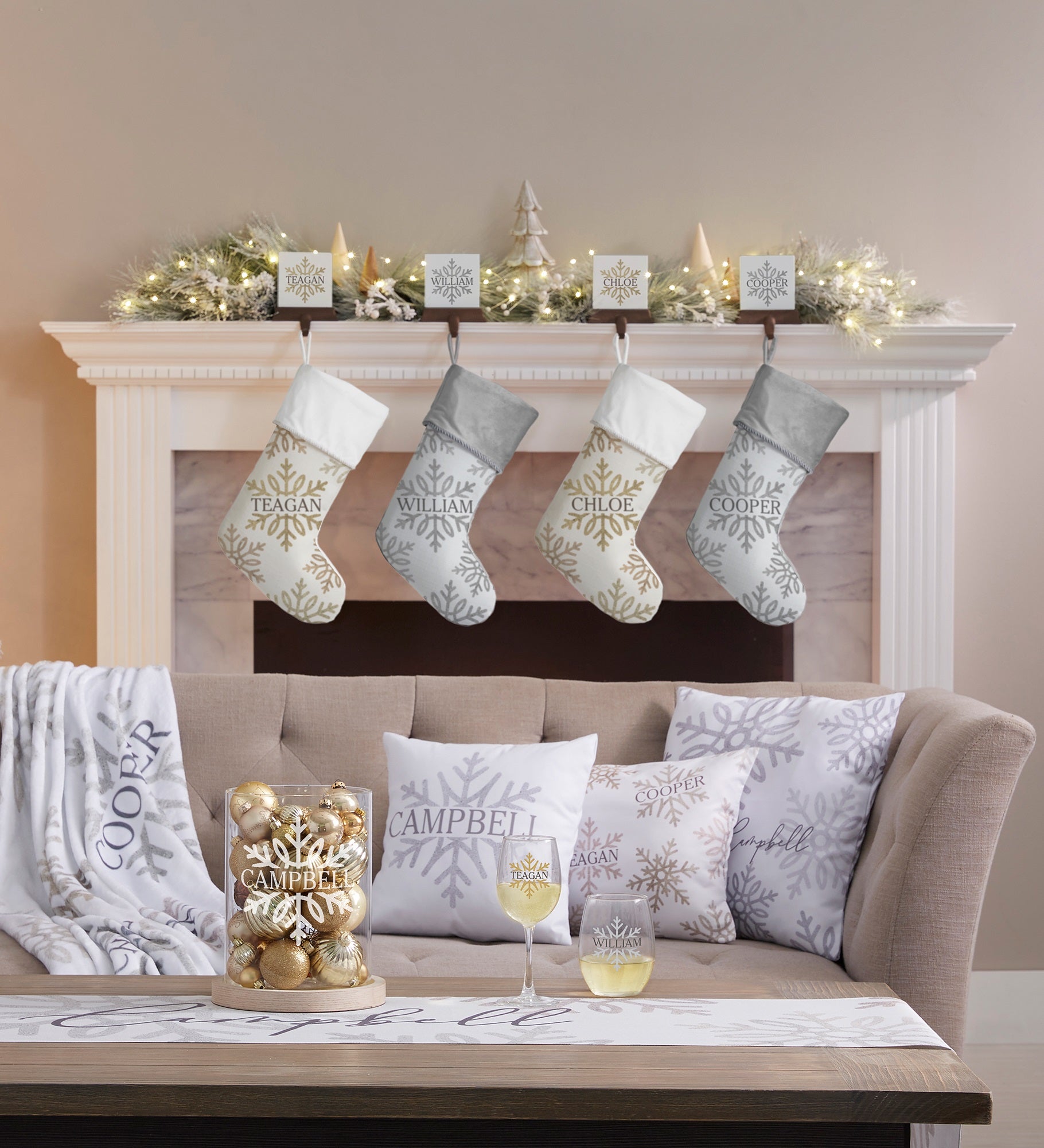 Silver and Gold Snowflakes Personalized Christmas Stockings