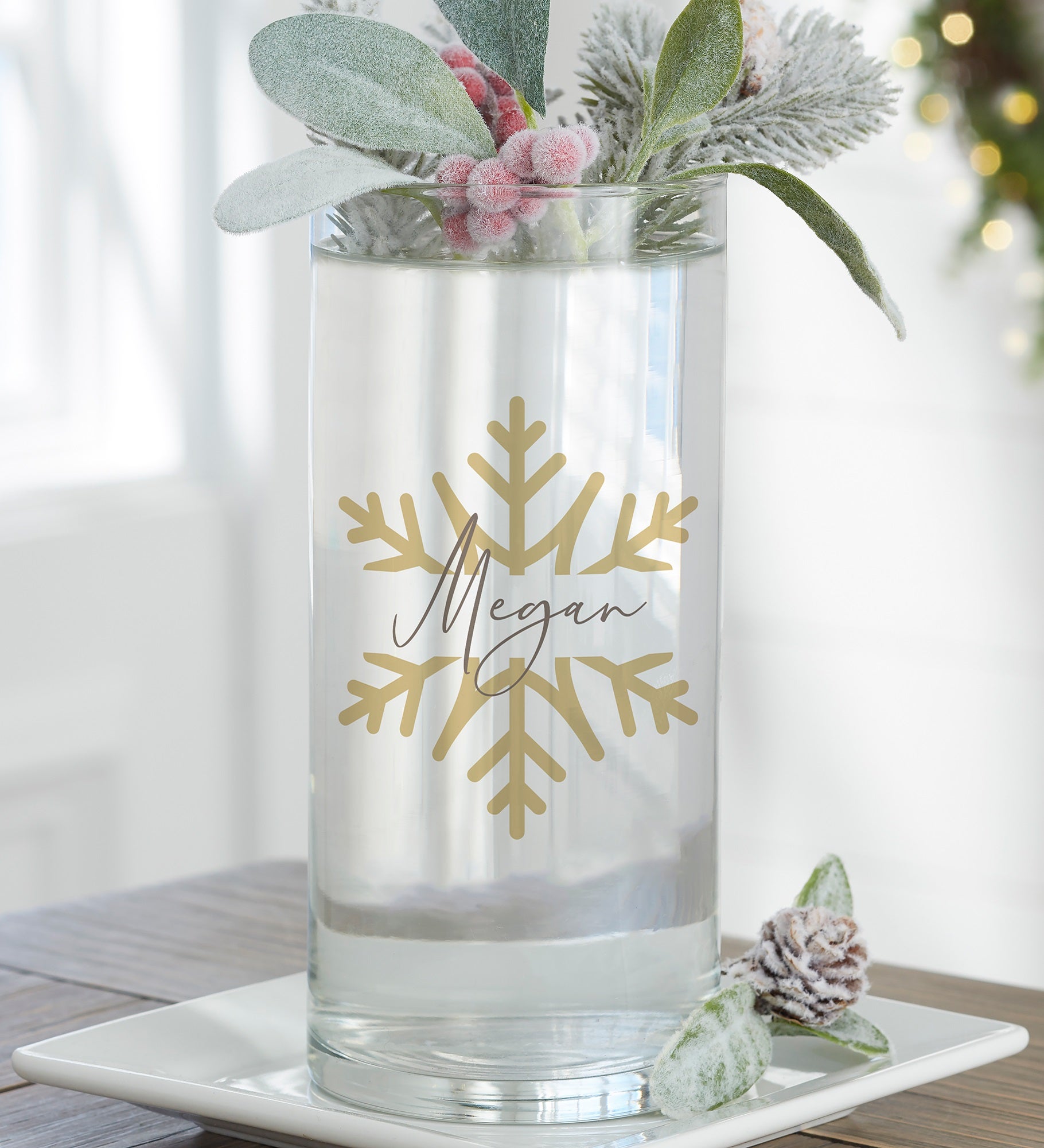 Silver and Gold Snowflakes Personalized Cylinder Glass Flower Vase