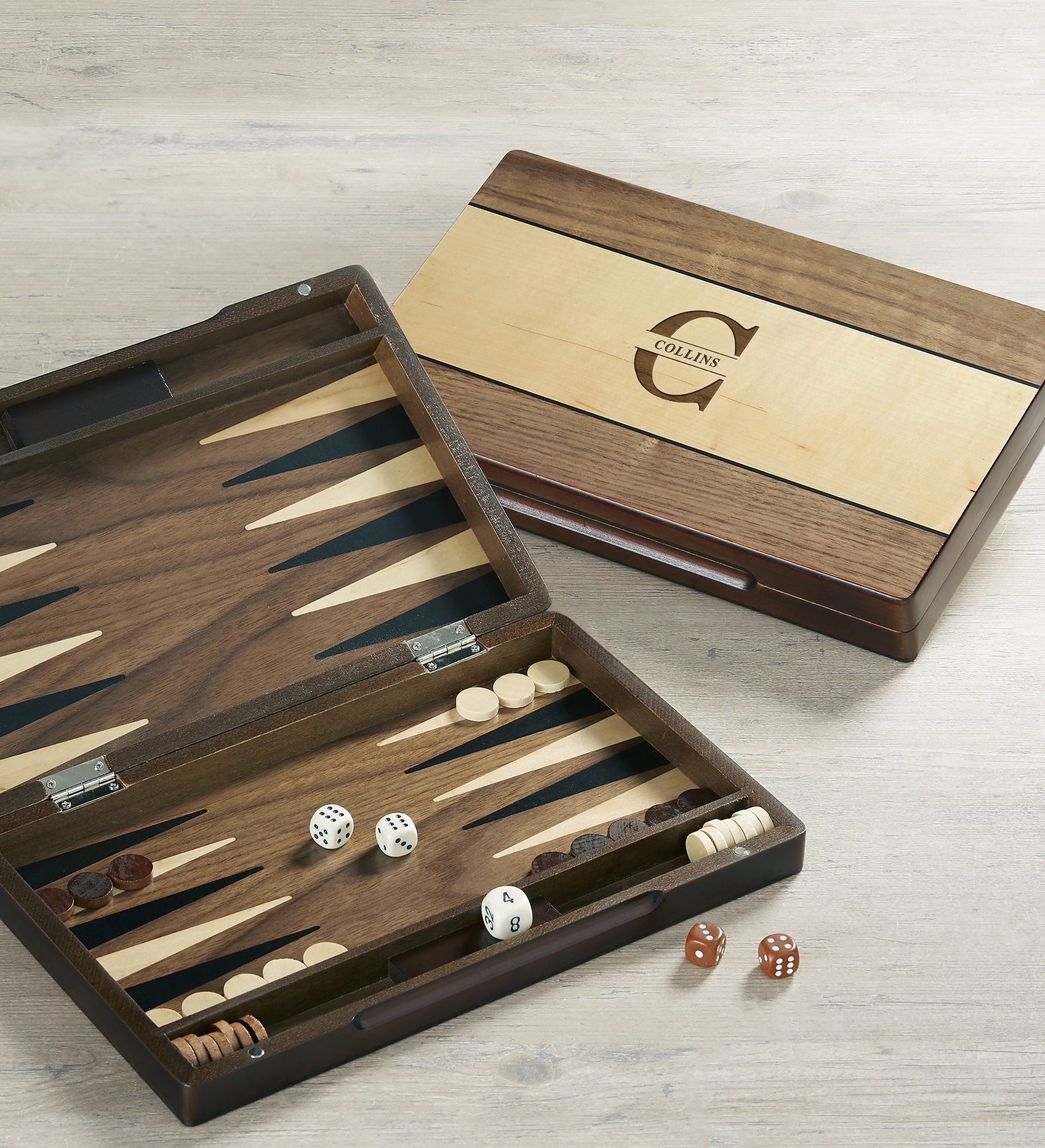 Lavish Last Name Personalized Backgammon Game with Walnut Stain Wood Case