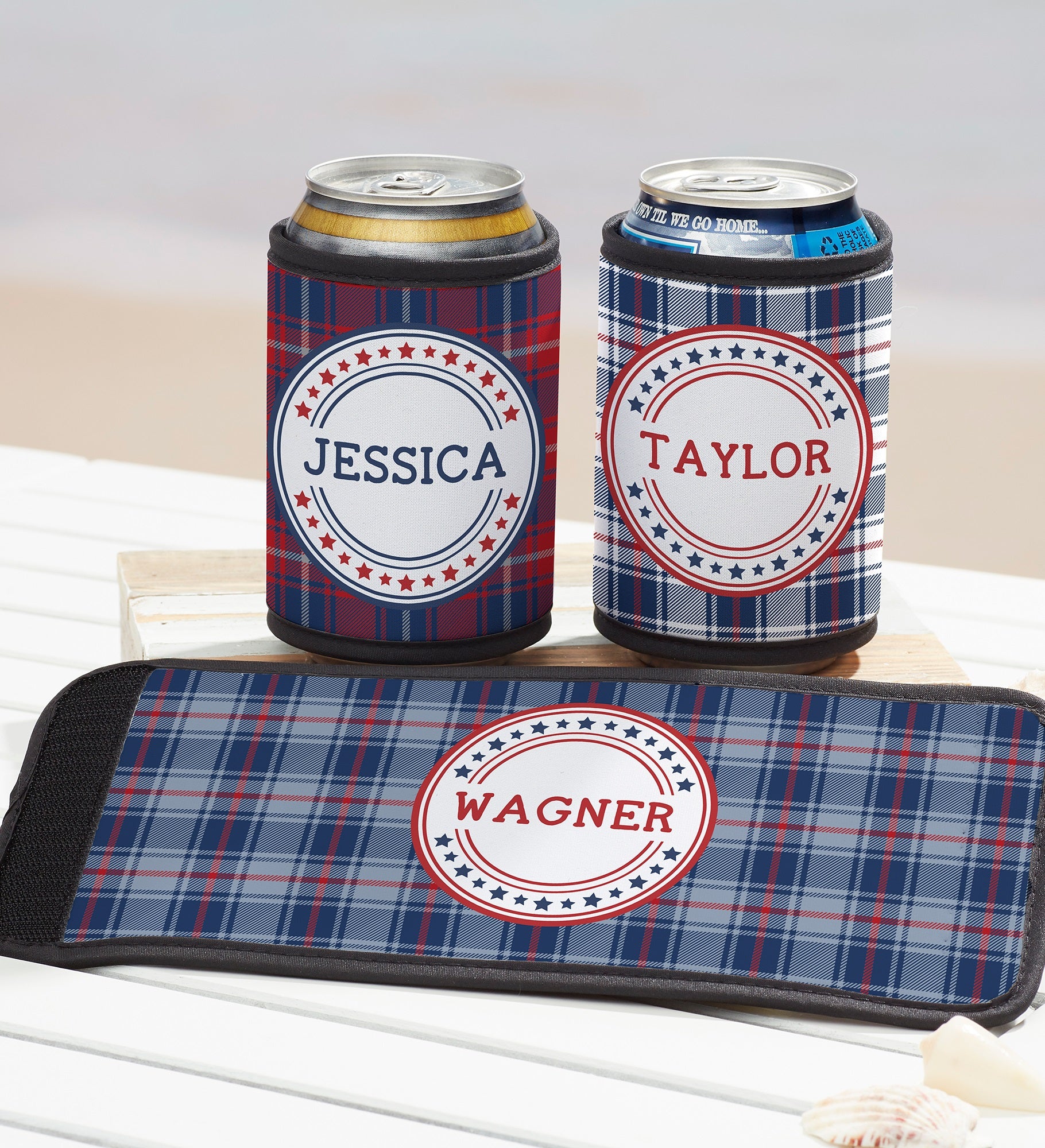 Patriotic Plaid Personalized Beer Can & Bottle Wrap