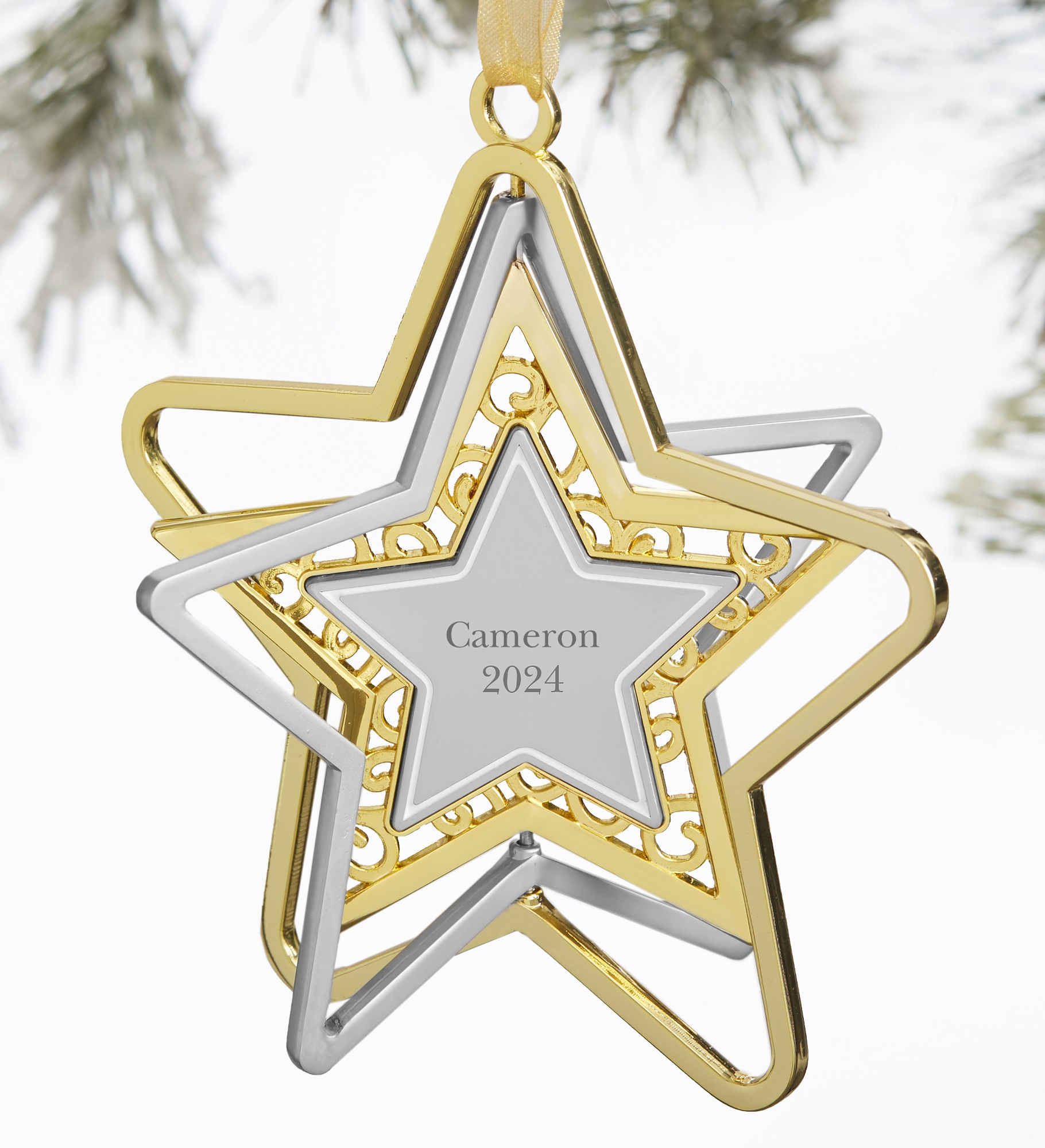 Signature Star Engraved Spinning Metal Ornament