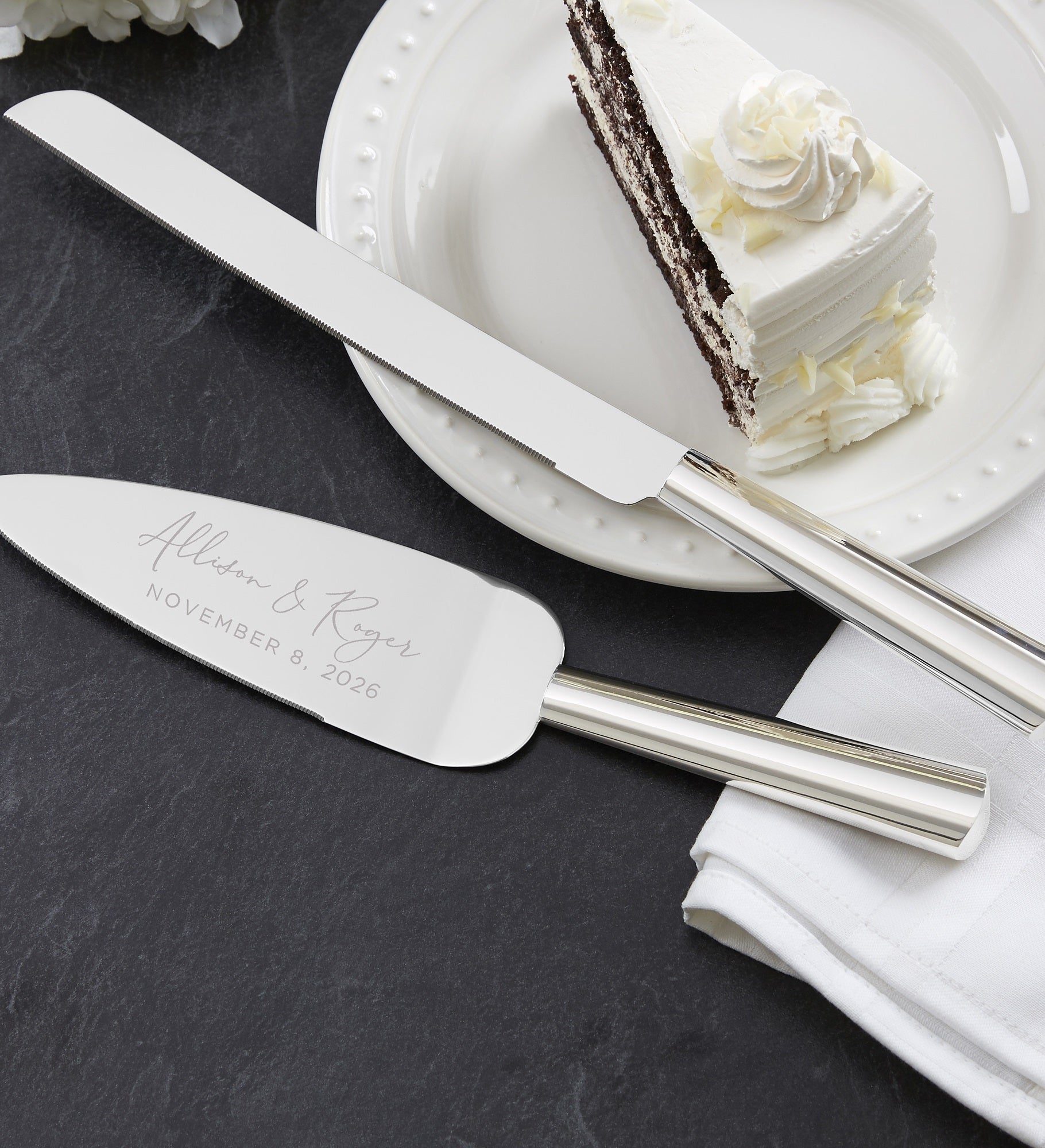 Elegant Couple Engraved Wedding Cake Knife & Server Set