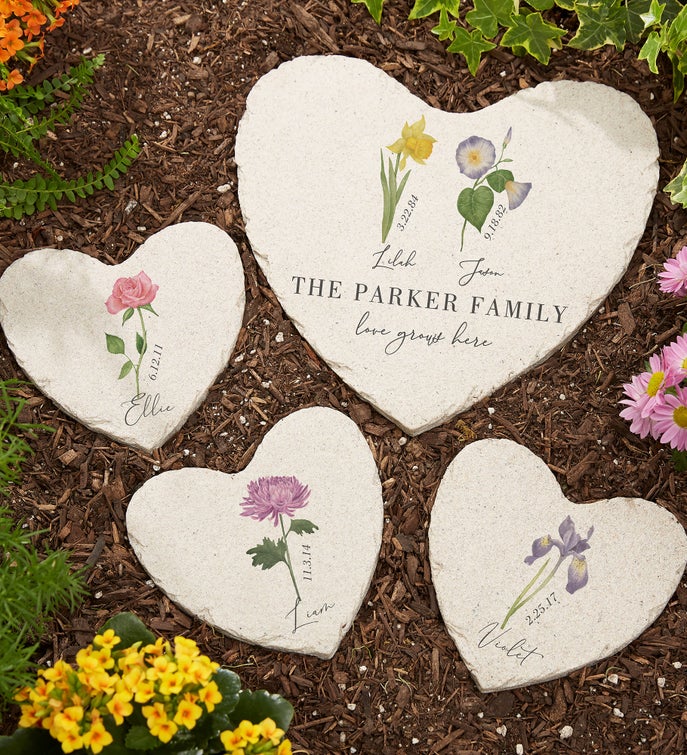 Birth Month Flower Personalized Heart Garden Stones