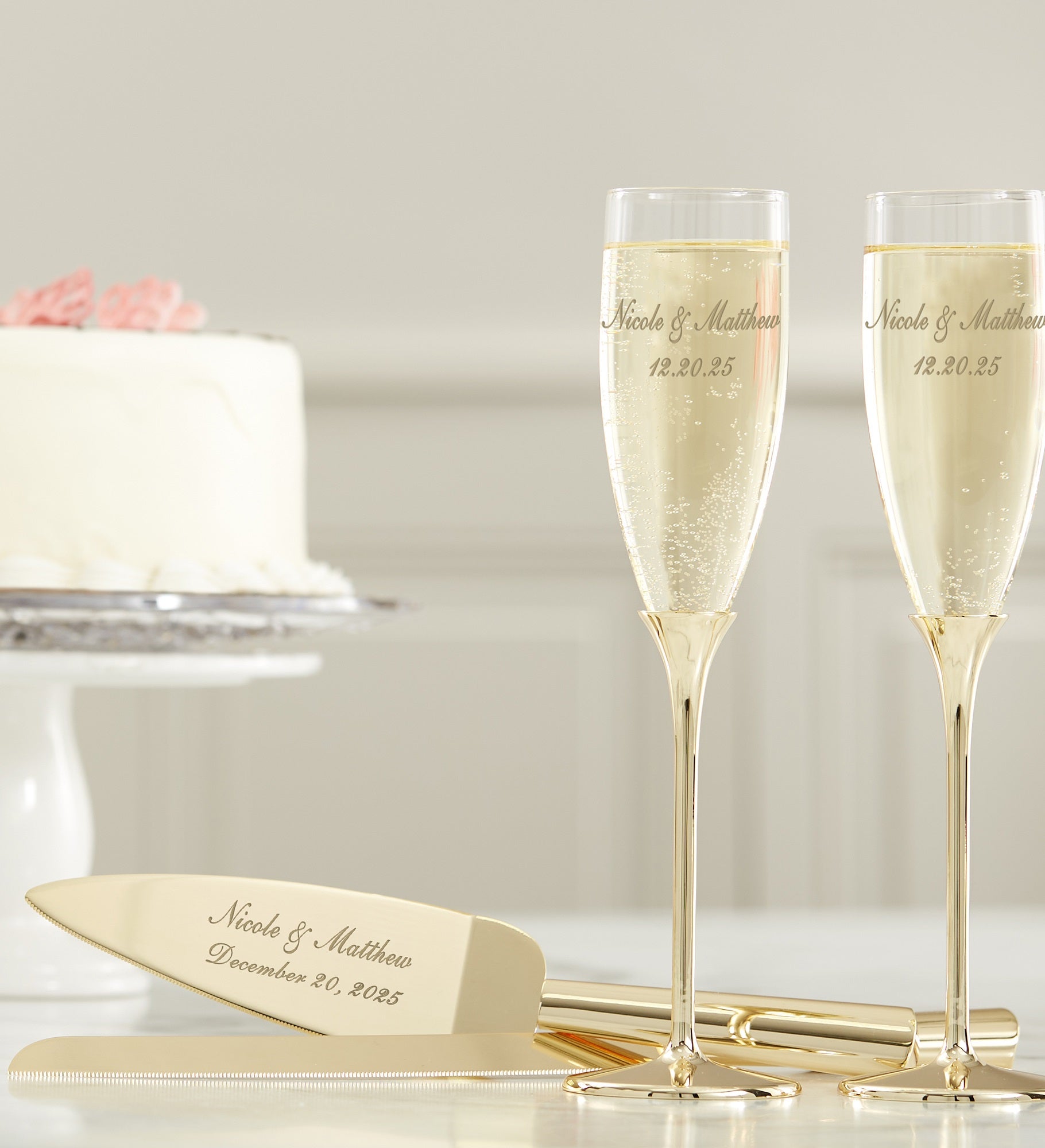 Classic Gold Engraved Cake Knife & Server Set