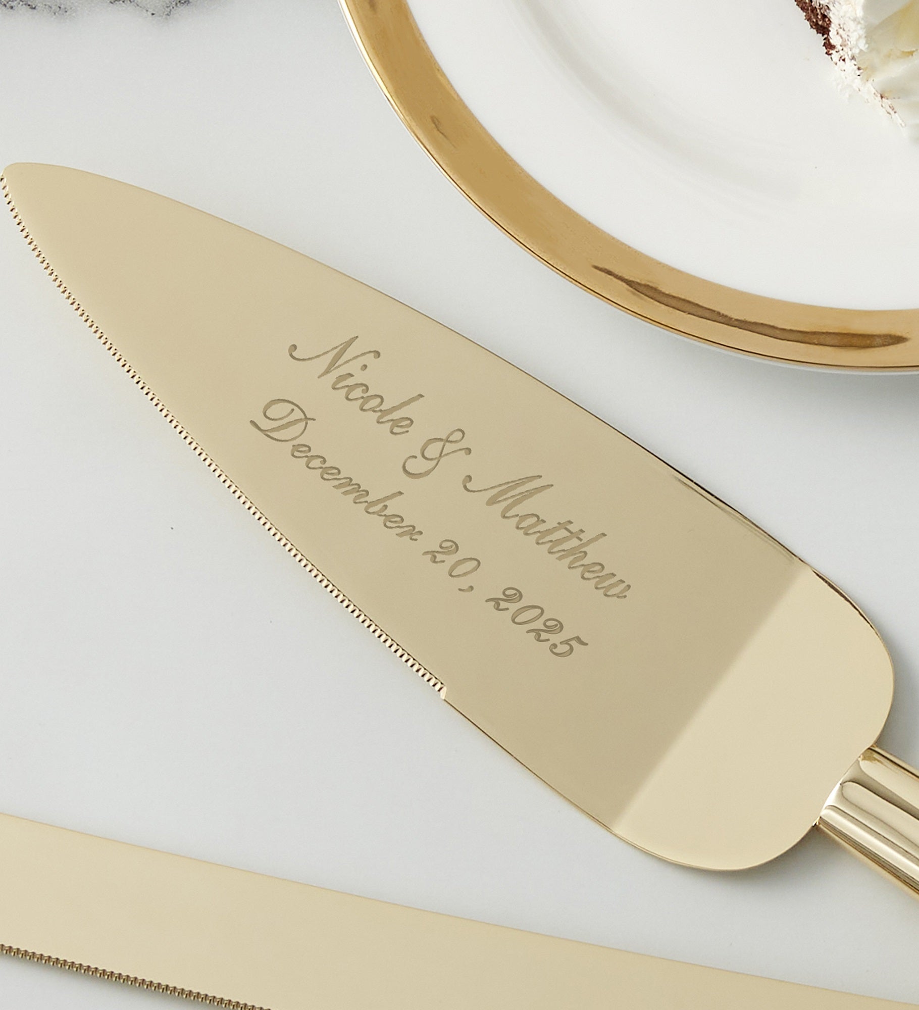 Classic Gold Engraved Cake Knife & Server Set