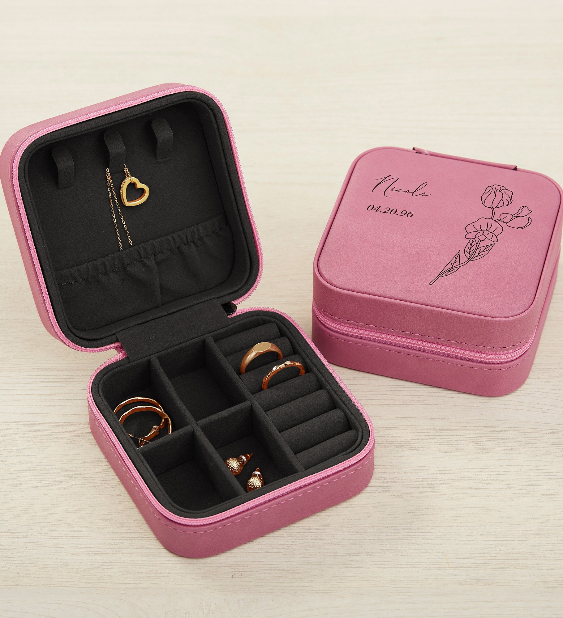 Birth Month Flower Personalized Leatherette Jewelry Case