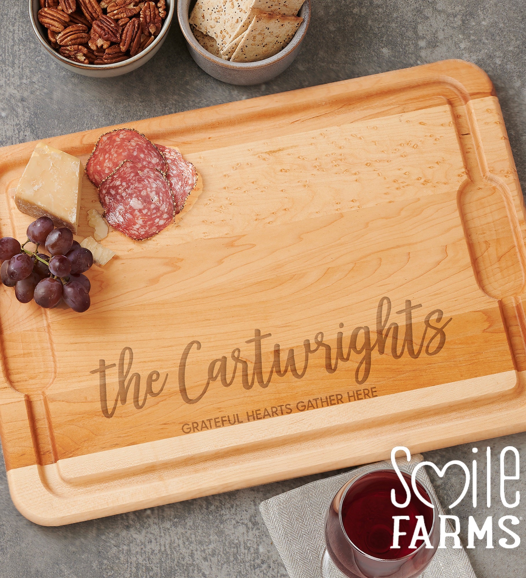 Smile Farms   Seasonally Script Personalized Hardwood Cutting Board