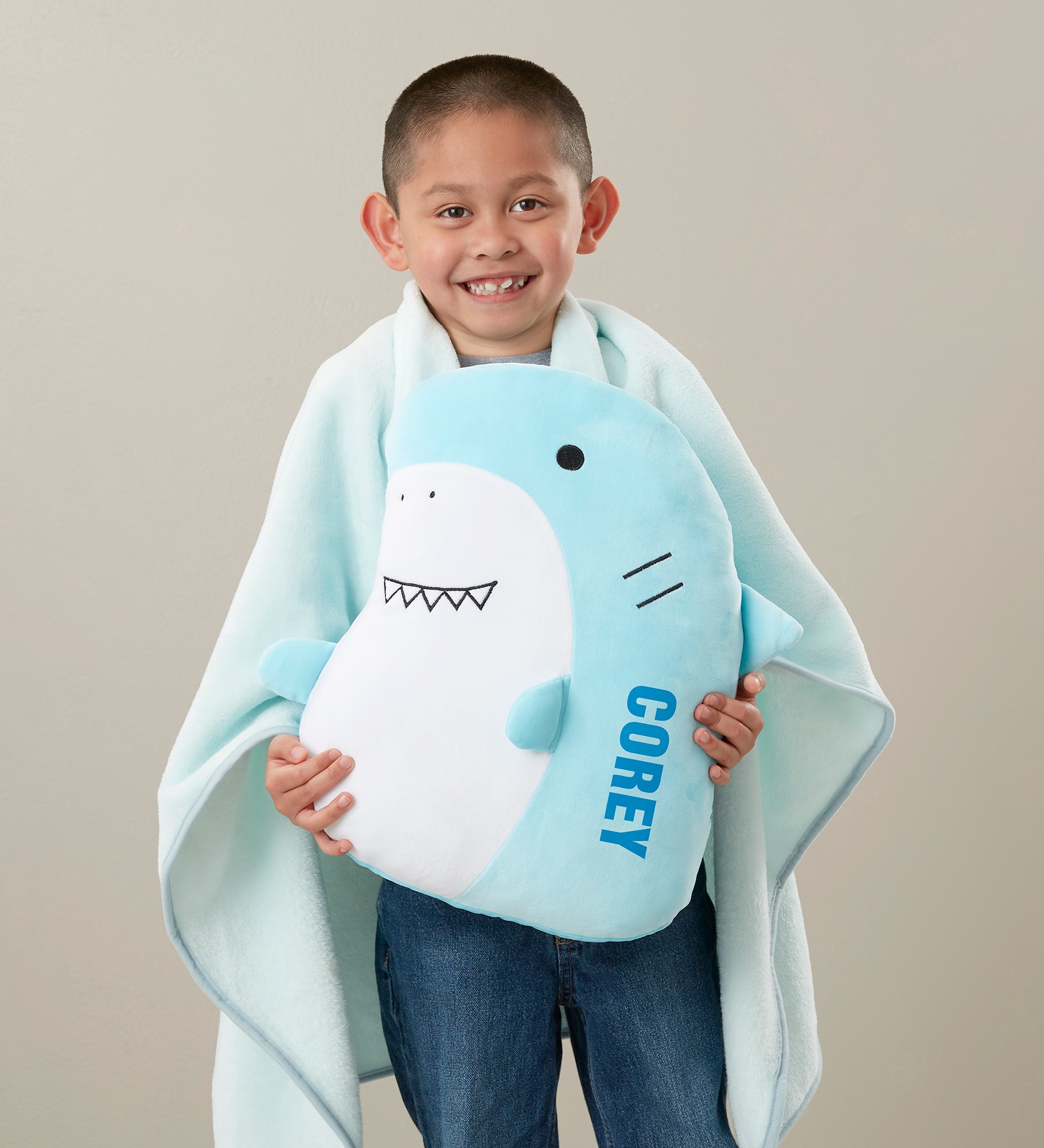 Personalized Plush Shark Pillow with Blanket Set