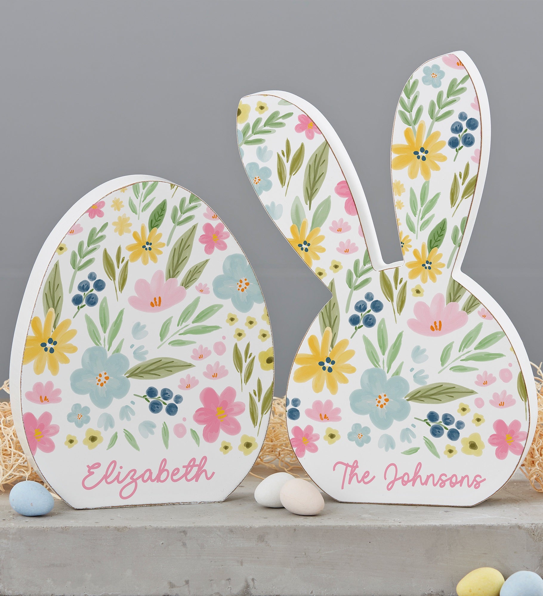Easter Flowers Personalized Wooden Easter Egg & Bunny Shelf Decorations