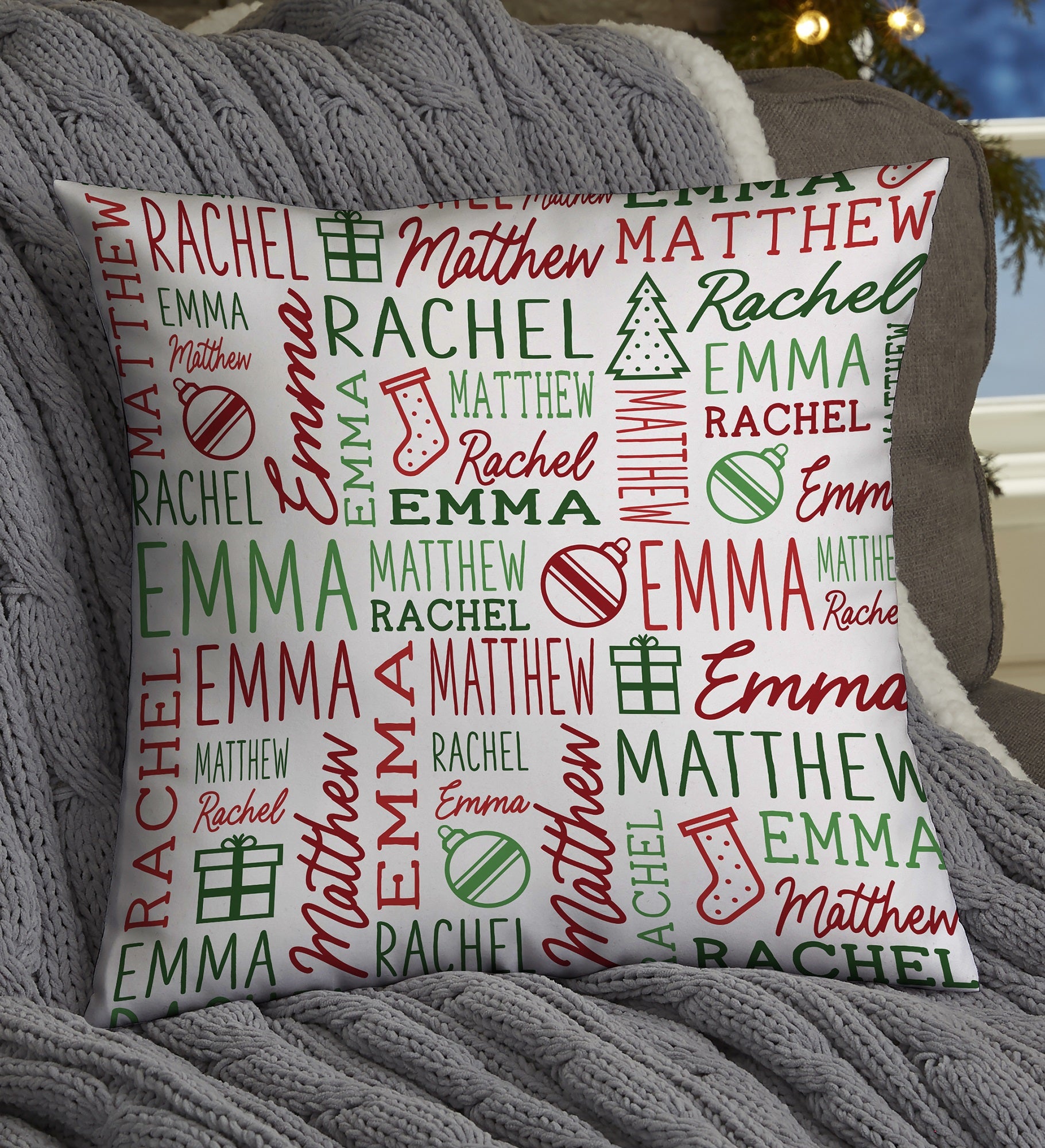 Holiday Repeating Name Personalized Christmas Throw Pillow