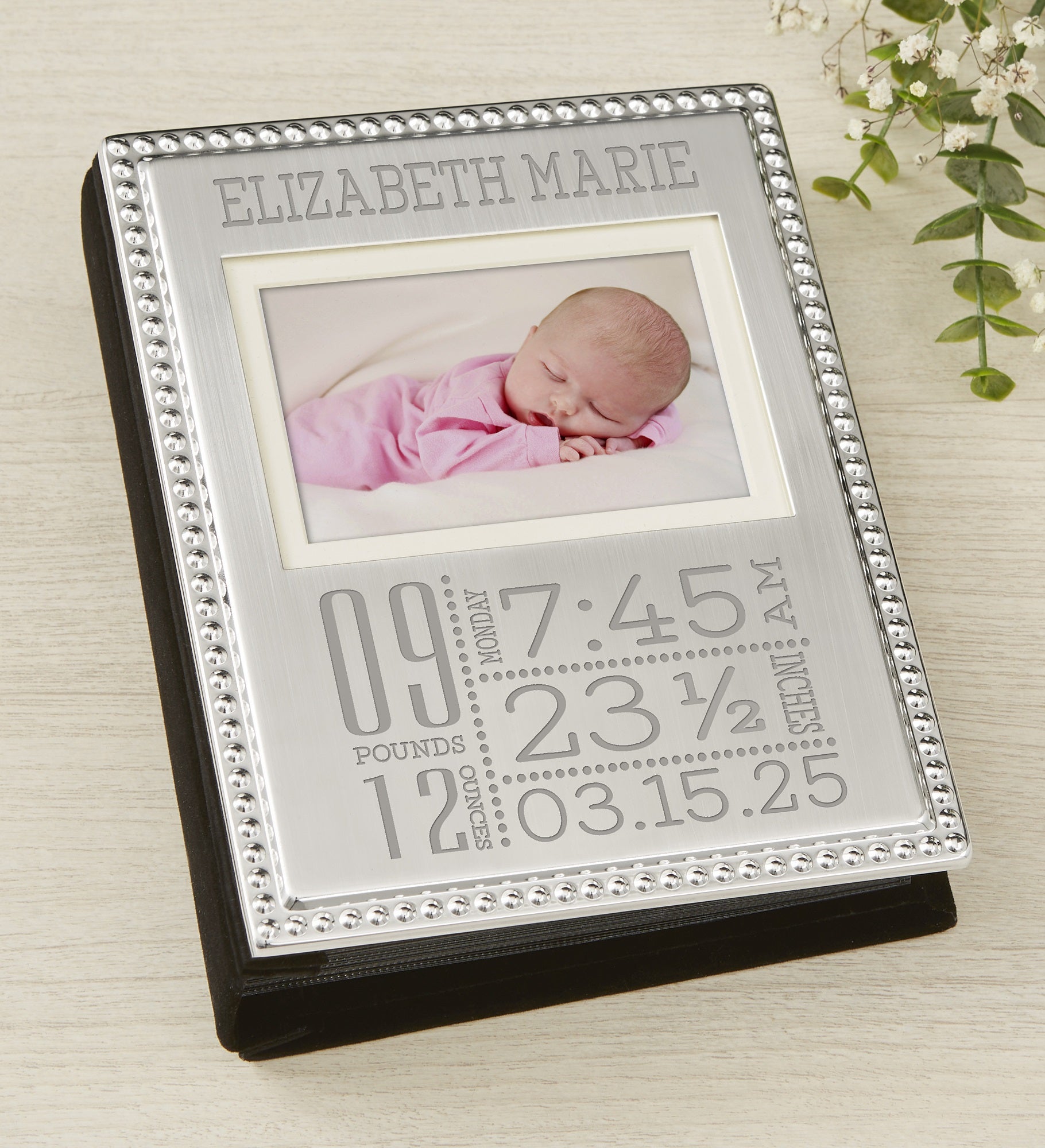 Baby Love Birth Information Engraved Silver Beaded Mini Photo Album