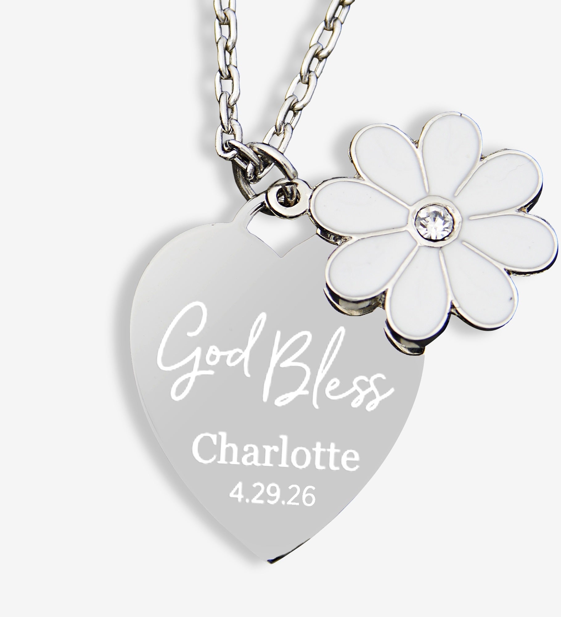 God Bless Personalized Flower Heart Necklace