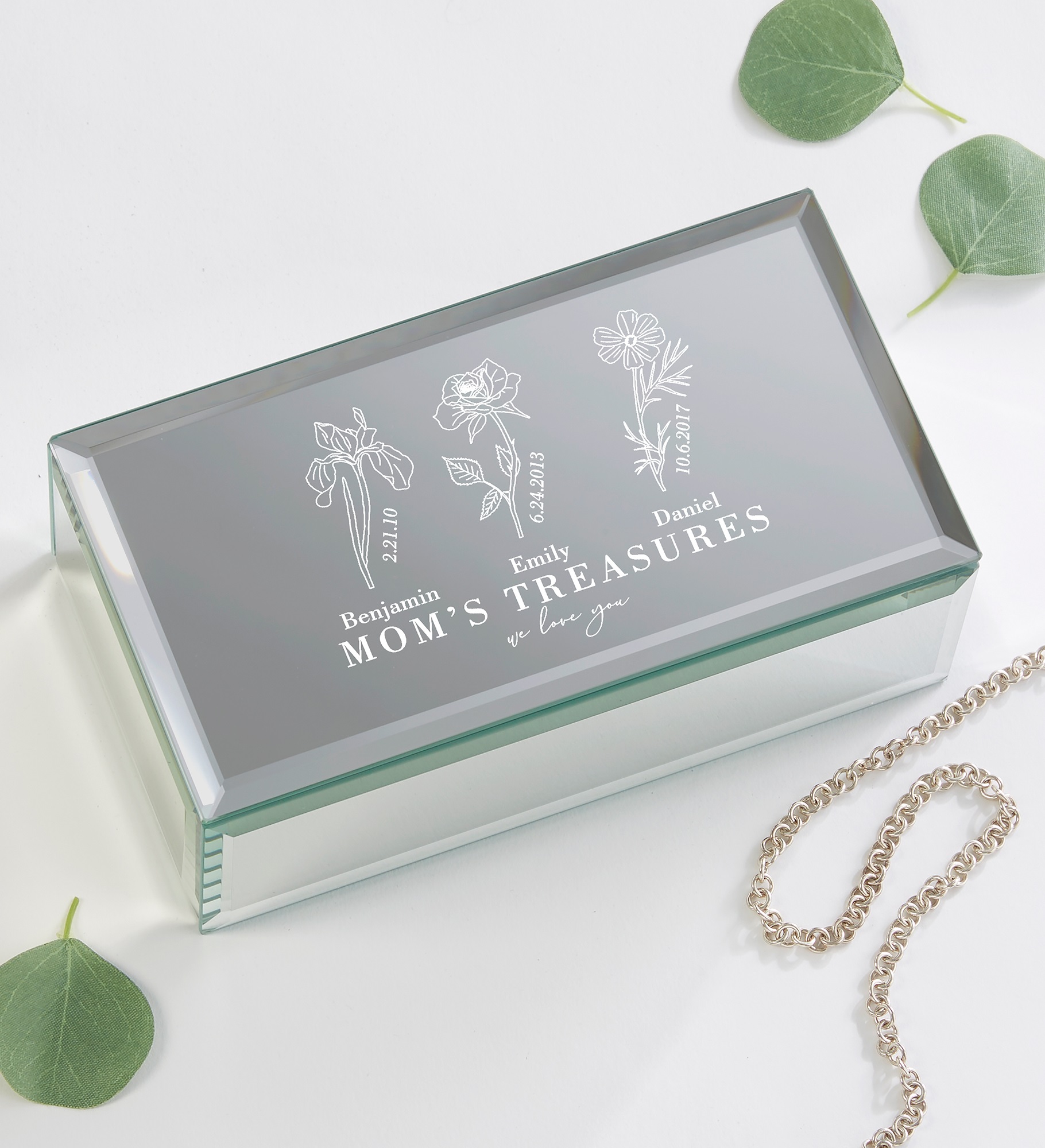 Family Birth Month Flower Engraved Glass Jewelry Box