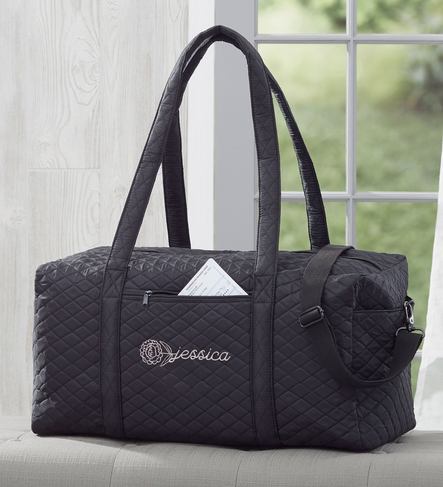 Birth Flower Name Embroidered Quilted Duffel Bag