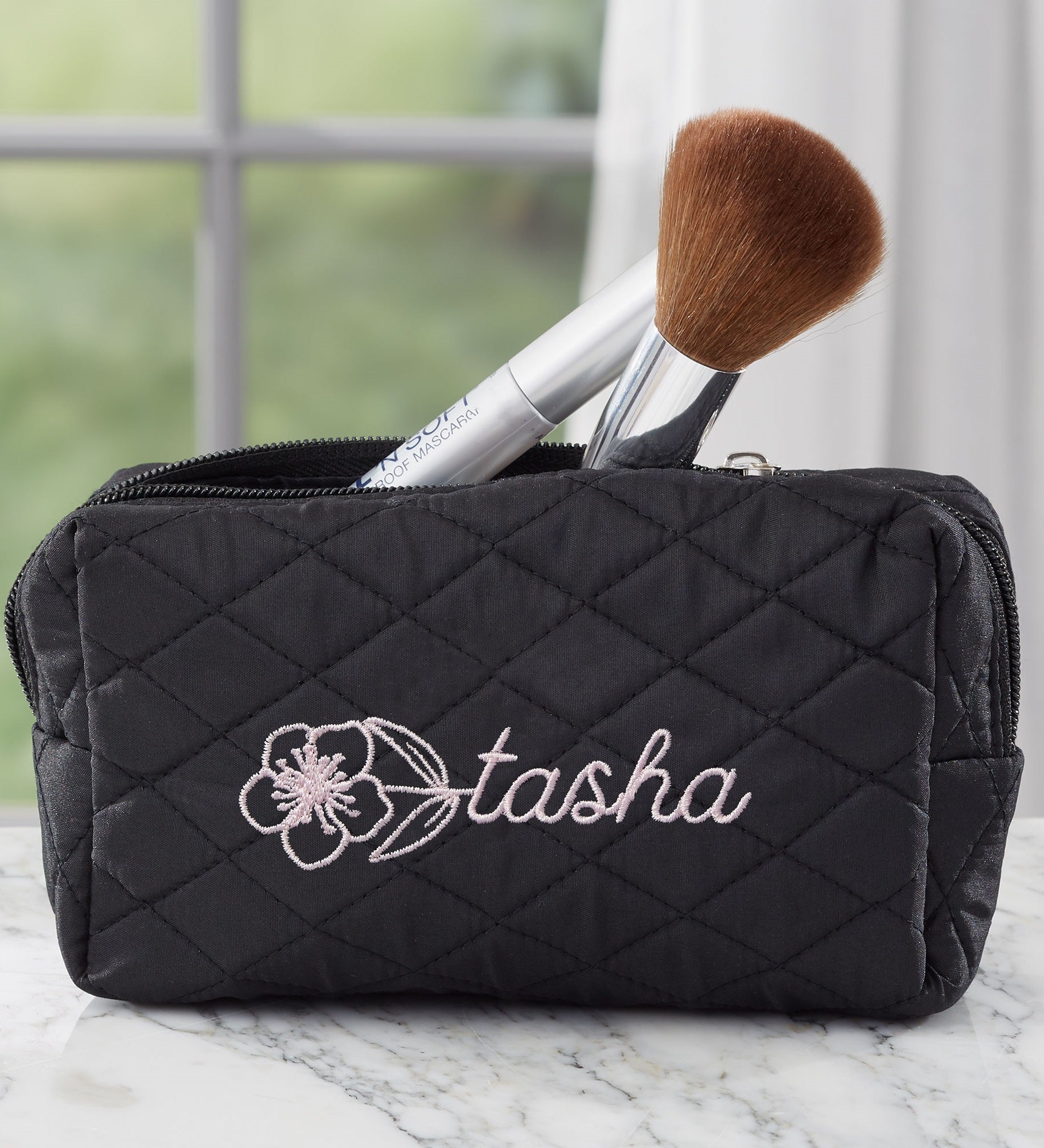 Birth Flower Name Embroidered Quilted Cosmetic Bag