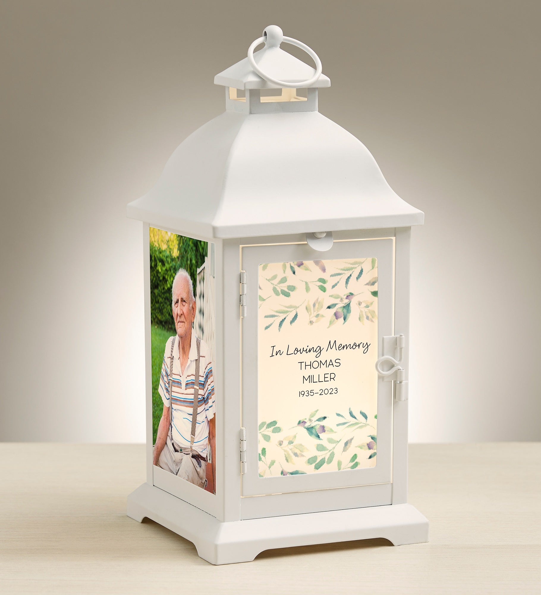 Serene Memorial Personalized White Metal LED Lantern
