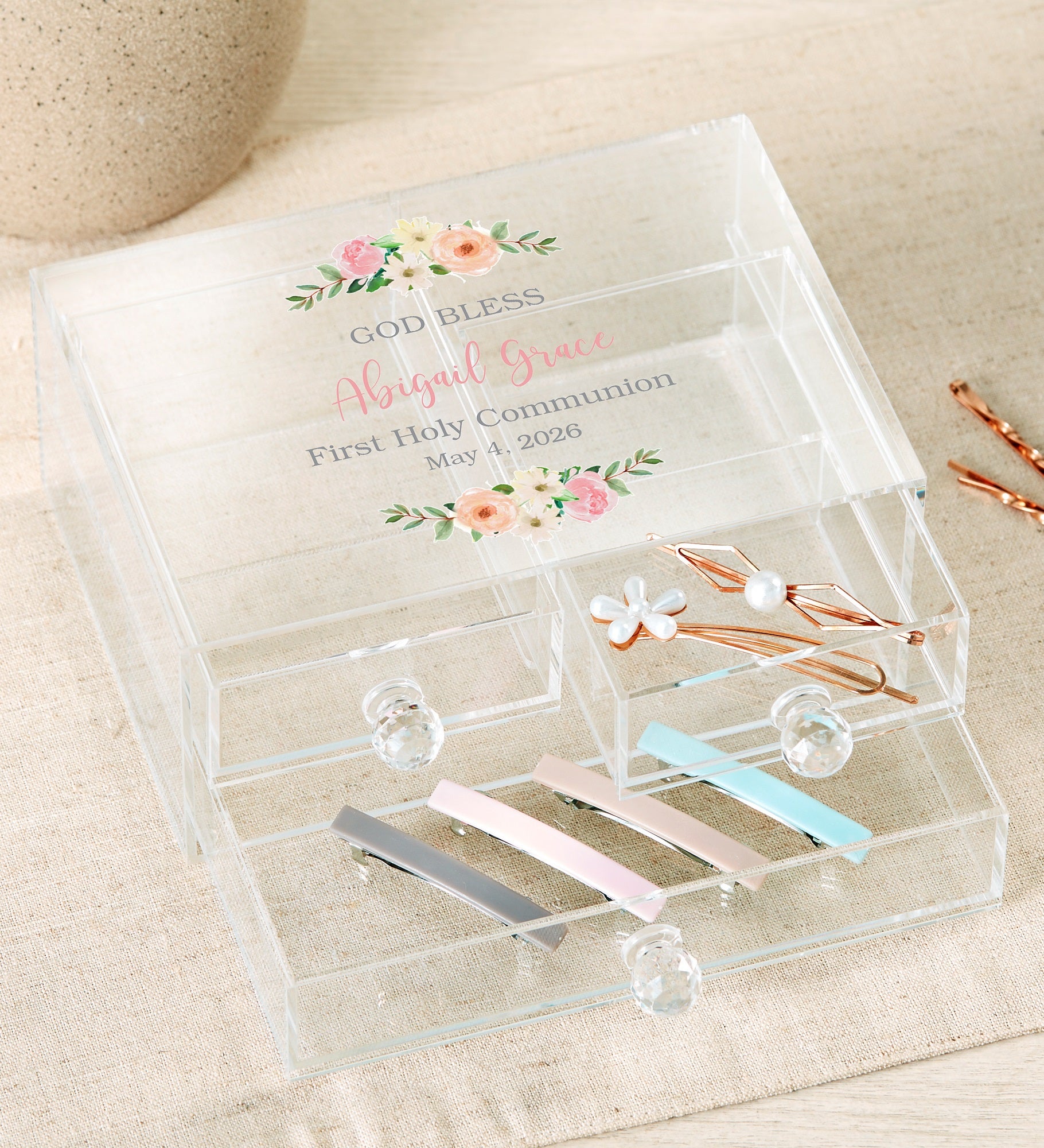 Floral First Communion Personalized Acrylic Jewelry Box