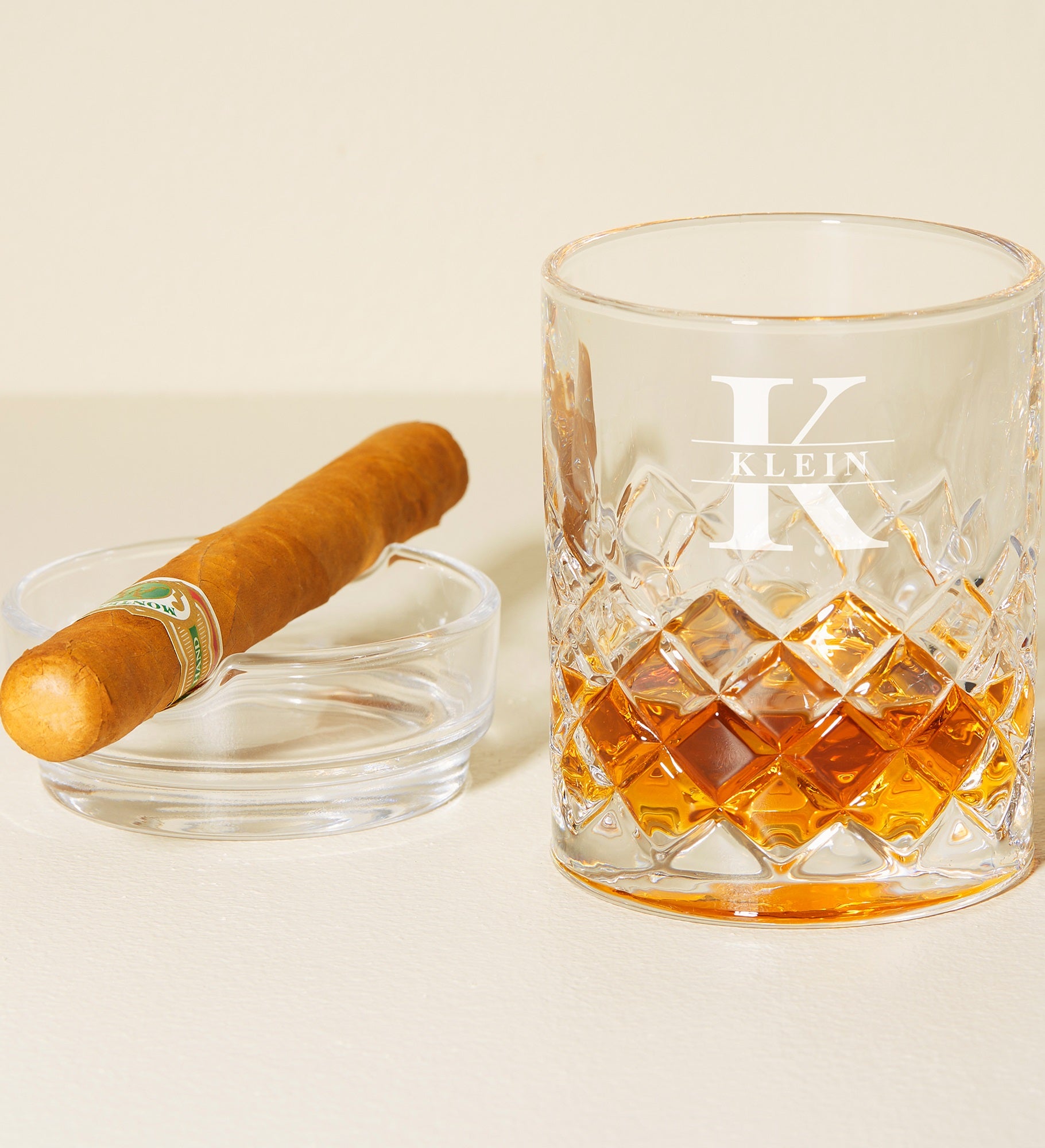 Lavish Last Name Personalized Crystal Whiskey Glass Ashtray Set