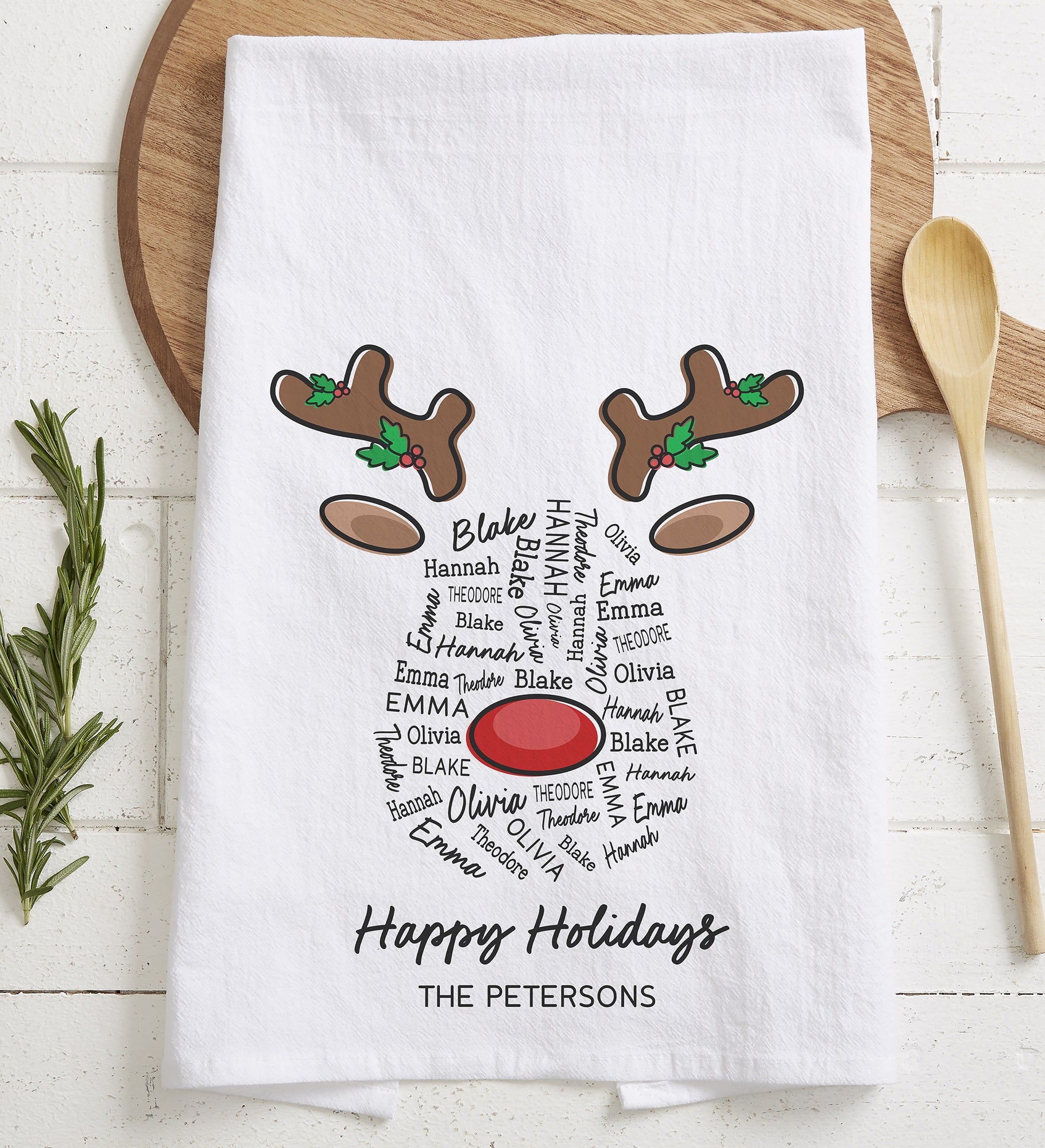 Reindeer Repeating Name Personalized Christmas Tea Towel