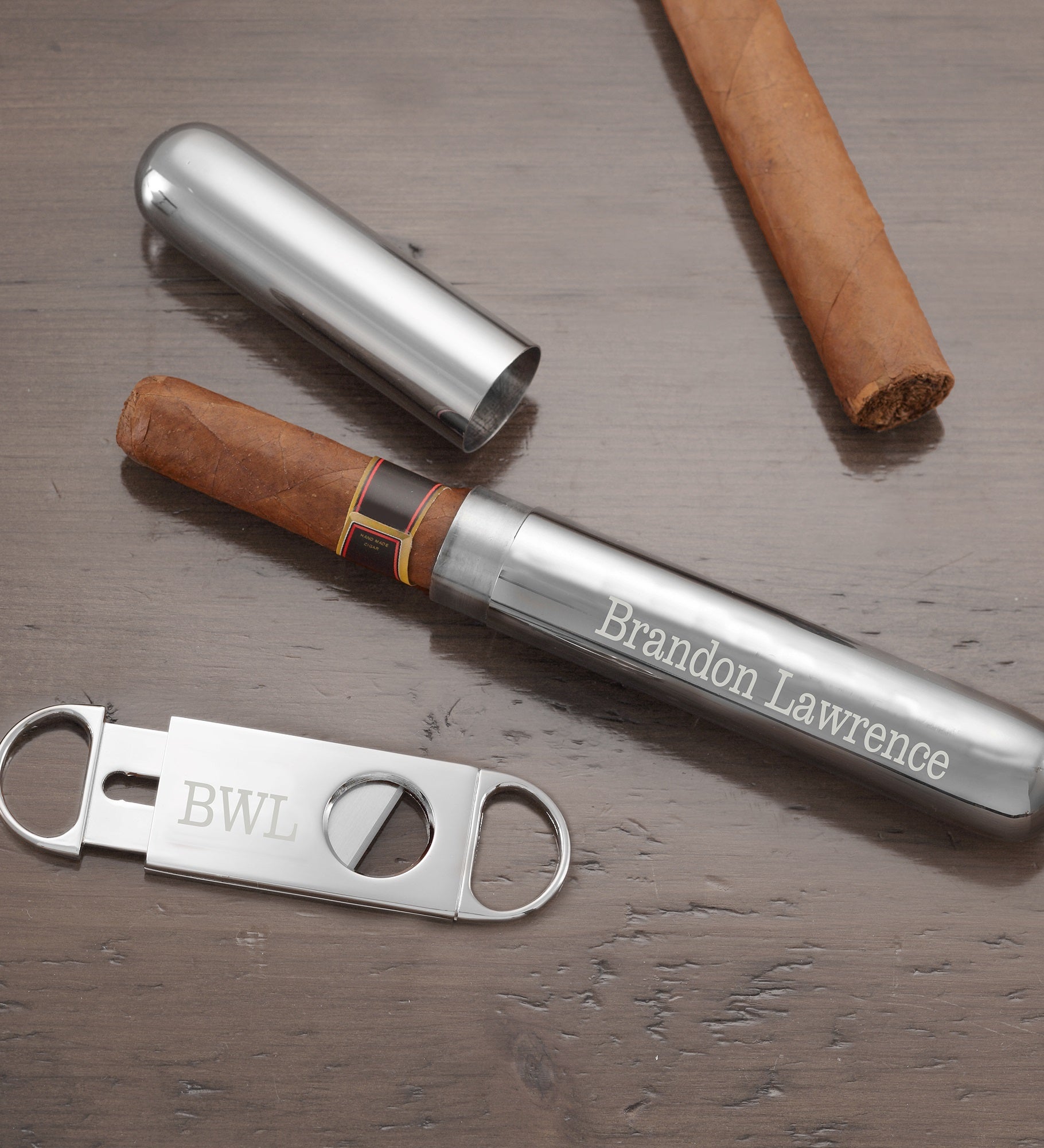 Engraved Silver Cigar Case and Cutter
