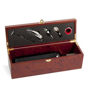 Bottle Holder w 5 Piece Bar Set in Rosewood Finished Box TP