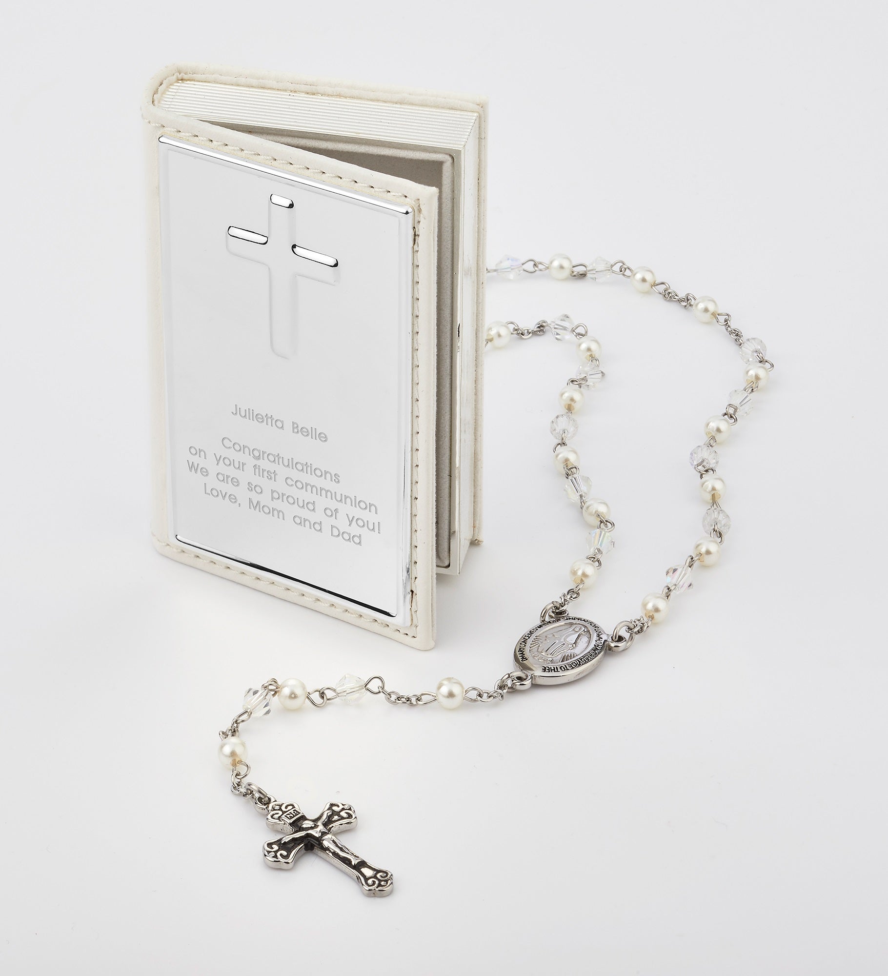 Children's Engraved Pearlescent White Rosary and Keepsake Box