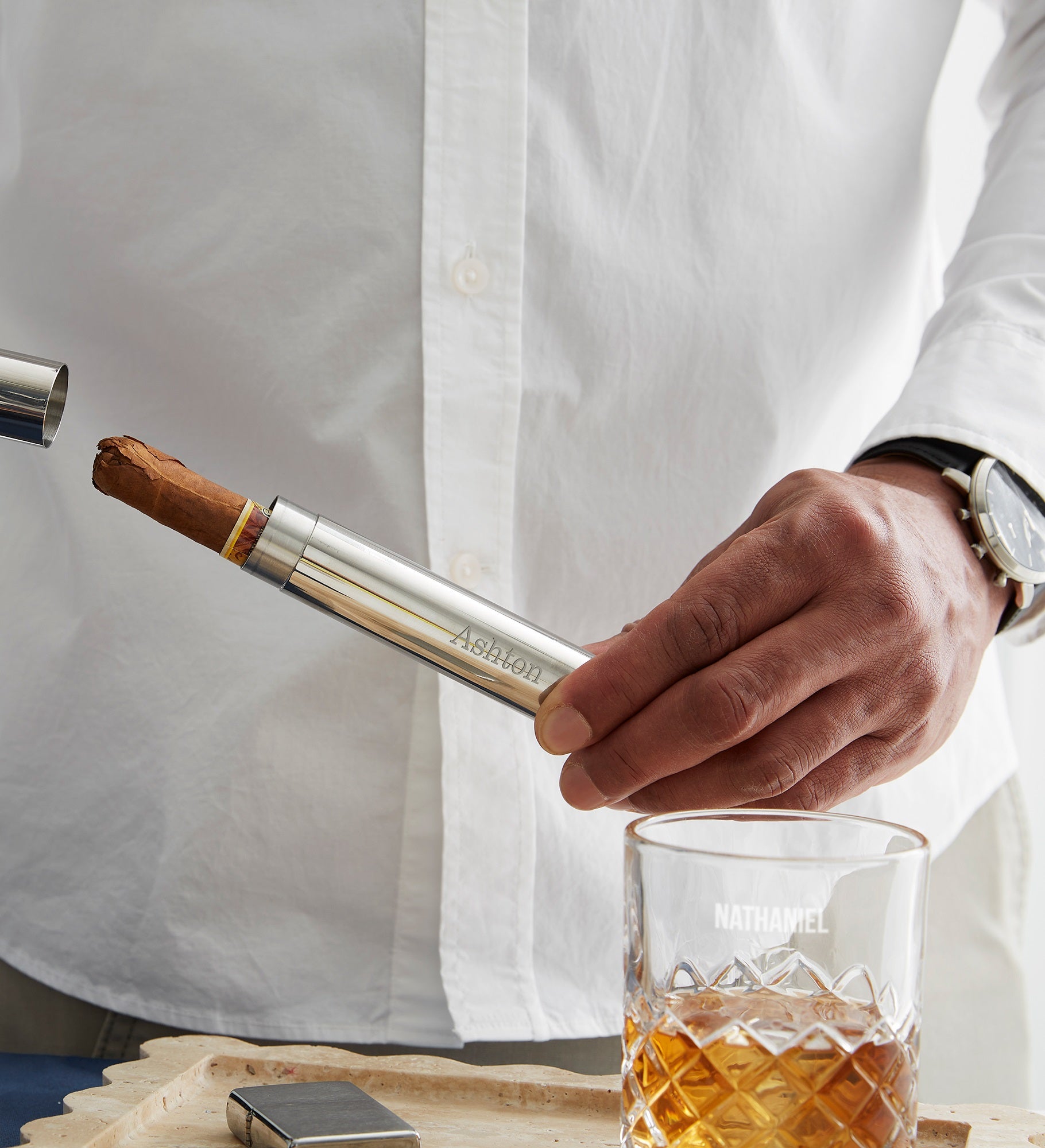 Engraved Silver Cigar Case and Cutter For Him