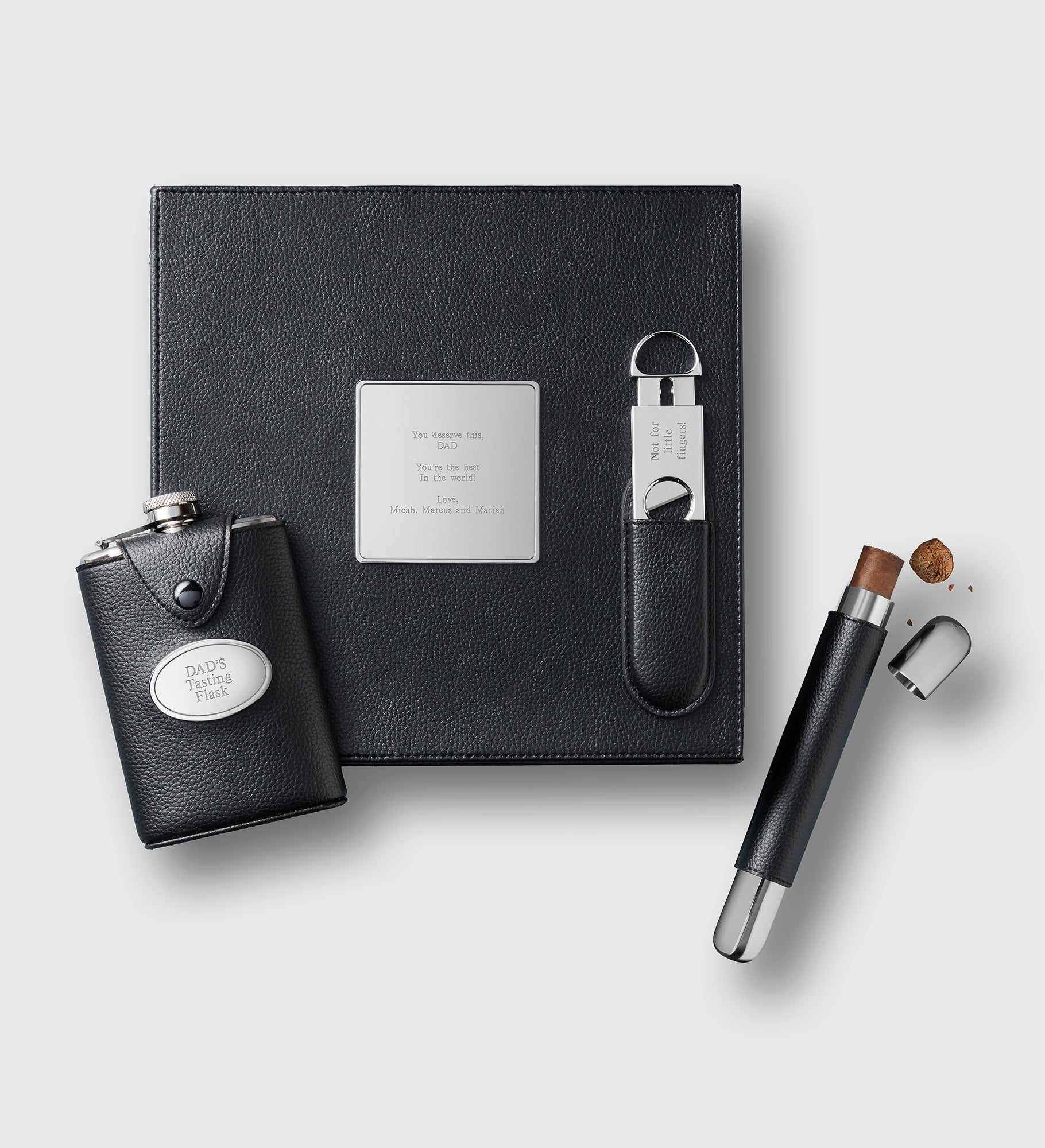 Engraved Vegan Leather Cigar and Flask Set