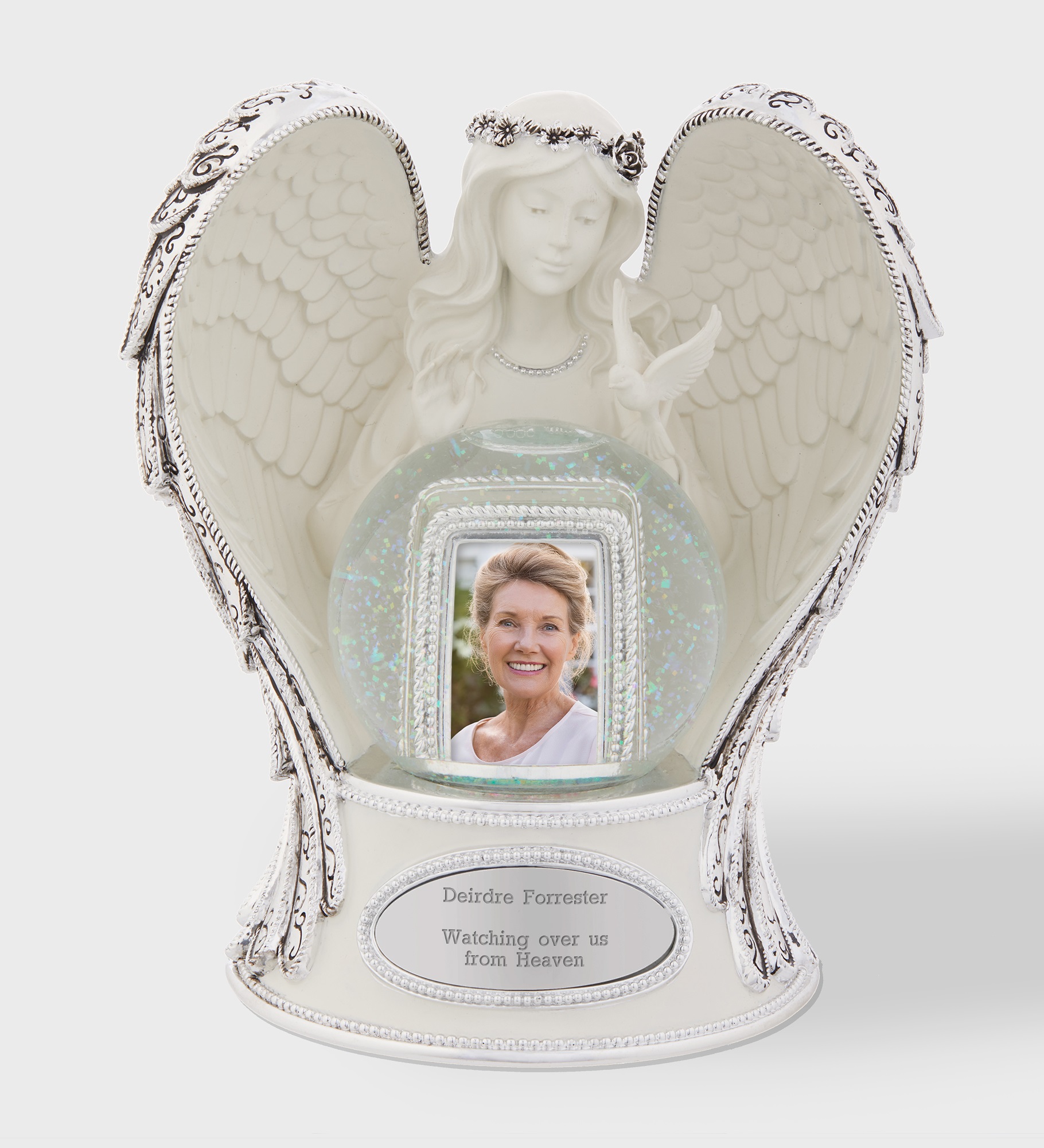 Engraved Silver & Ivory Guardian Angel Snow Globe
