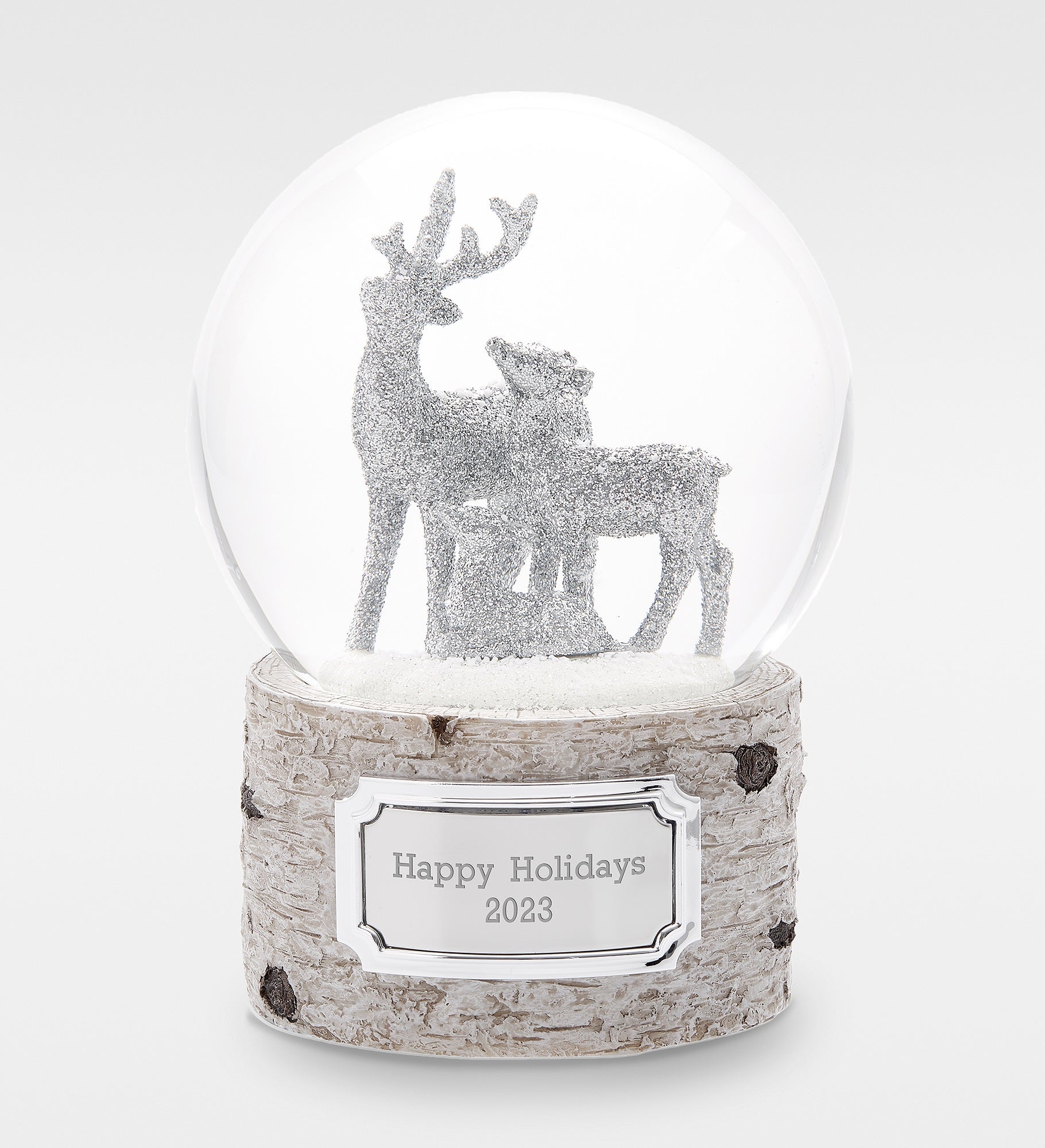 Engraved Silver Glittering Deer Snow Globe