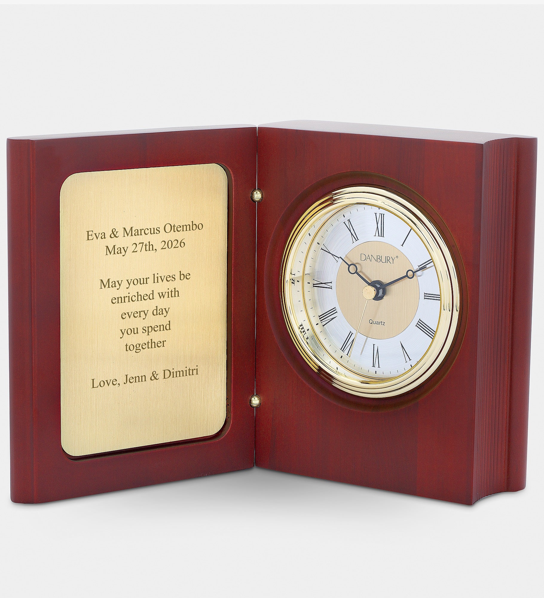 Engraved Mahogany-Finish Small Book Clock and Keepsake