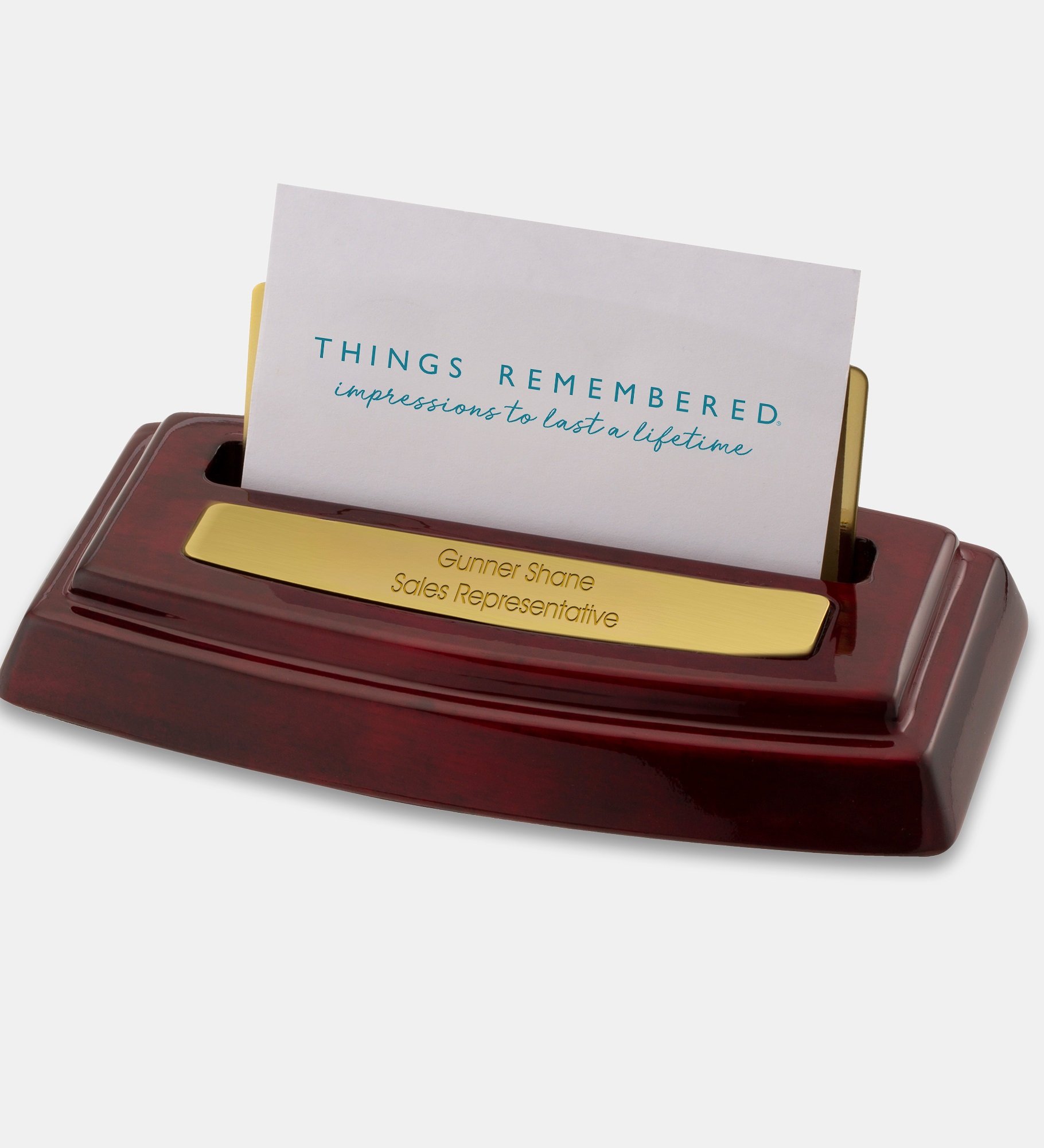Engraved Gloss Mahogany-Finish Gold Business Card Holder