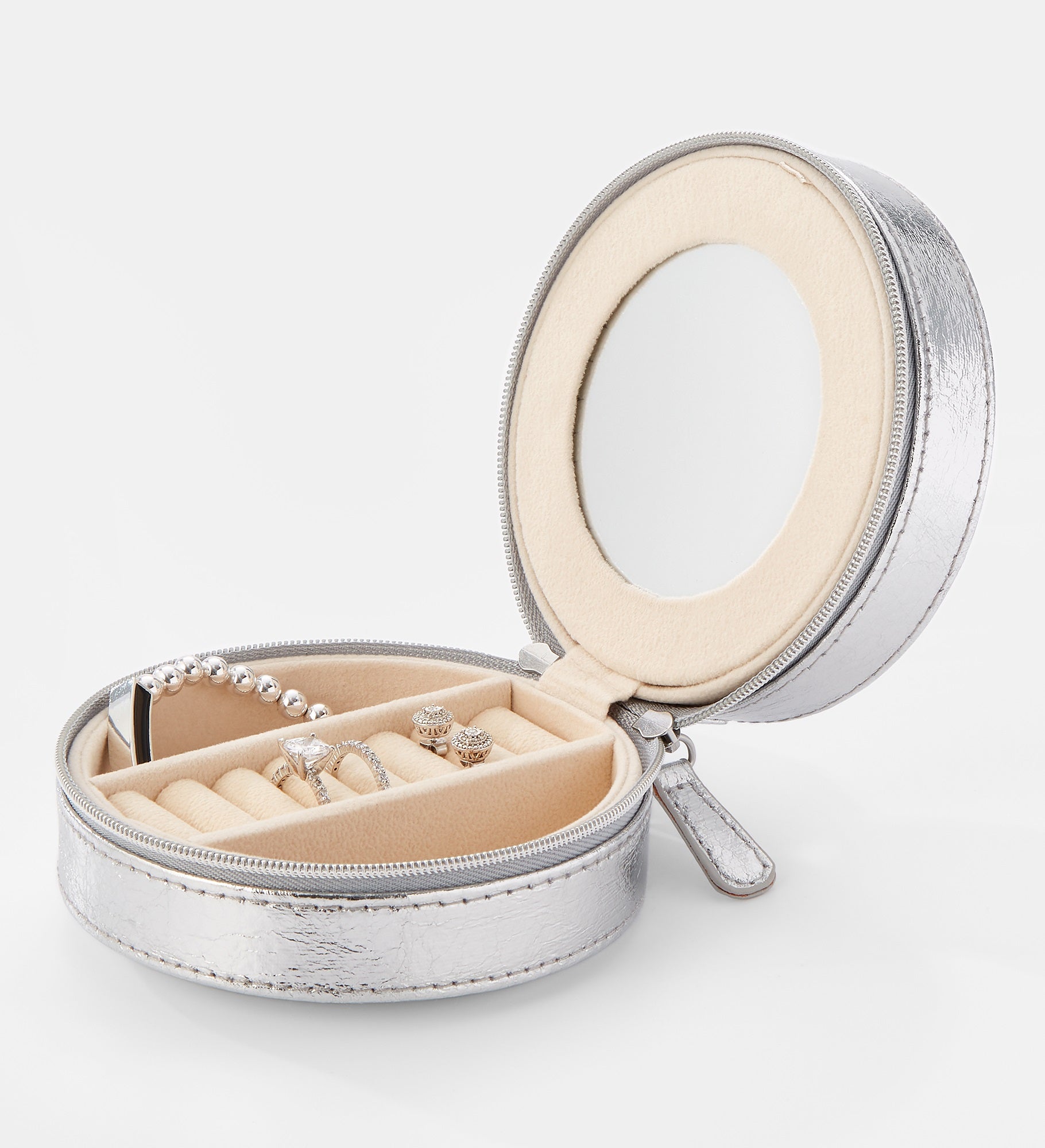 Engraved Round Jewelry Box and Travel Case in Silver