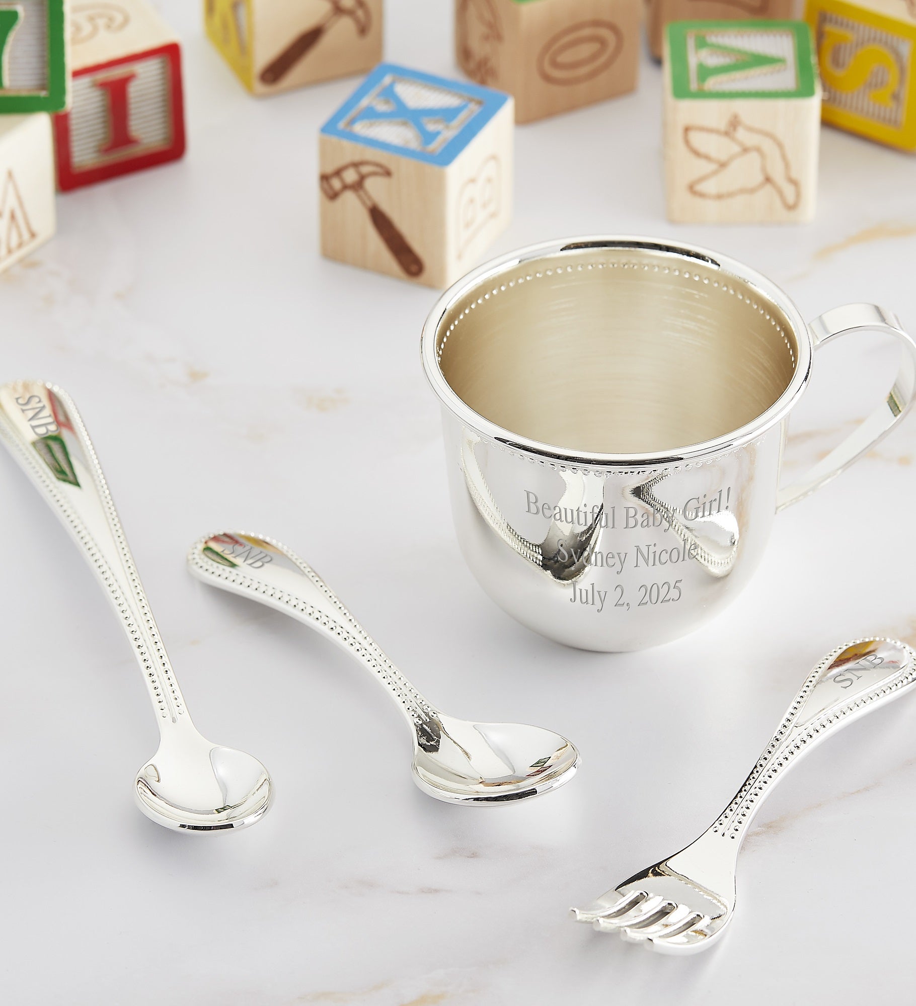 Engraved Silver Beaded Baby Cup