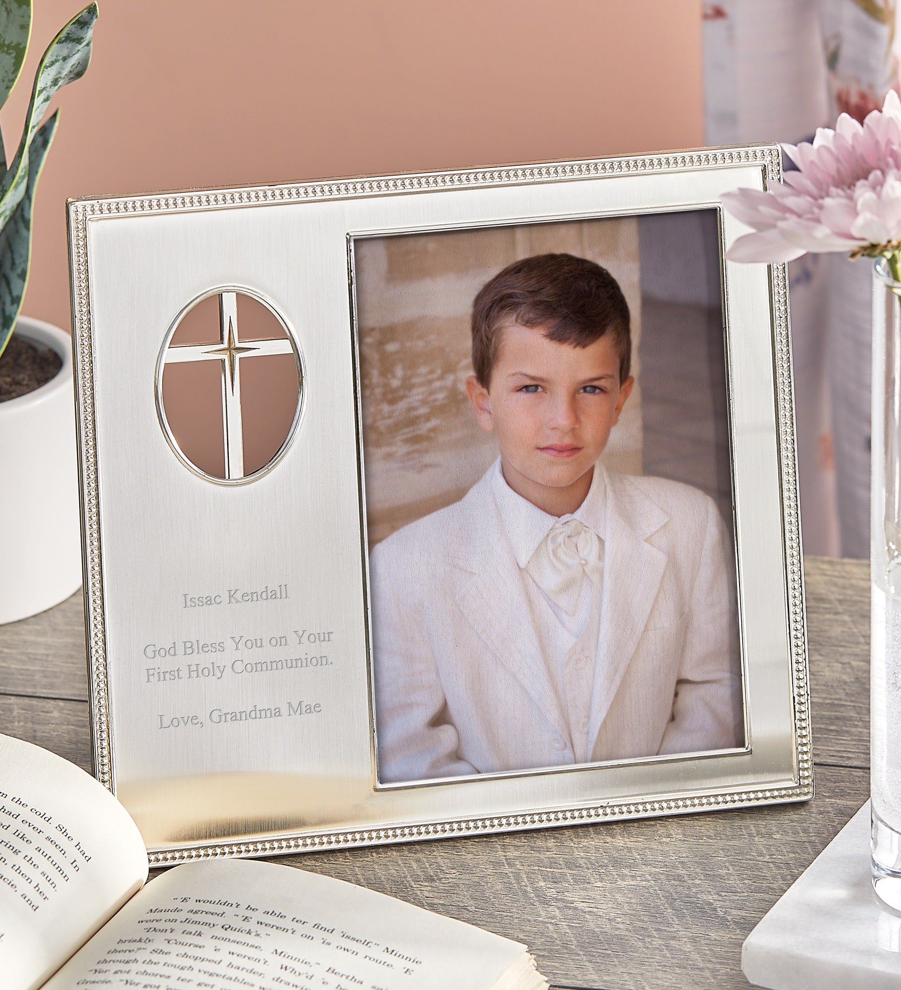 Engraved Beaded Cross Frame