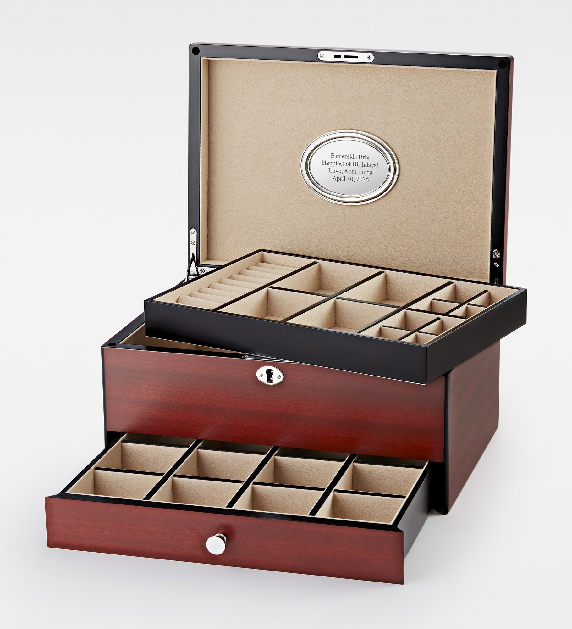 Engraved Large Matte Finish Wooden Jewelry Box with Drawer and Lock