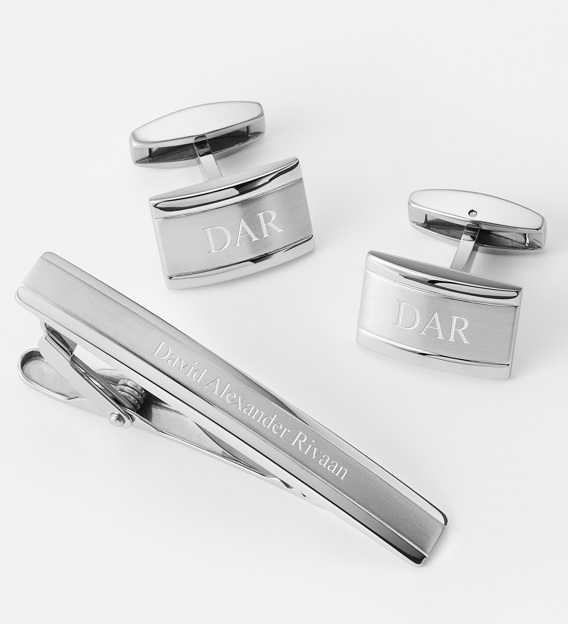 Engraved Steel Cufflinks and Tie Bar Set