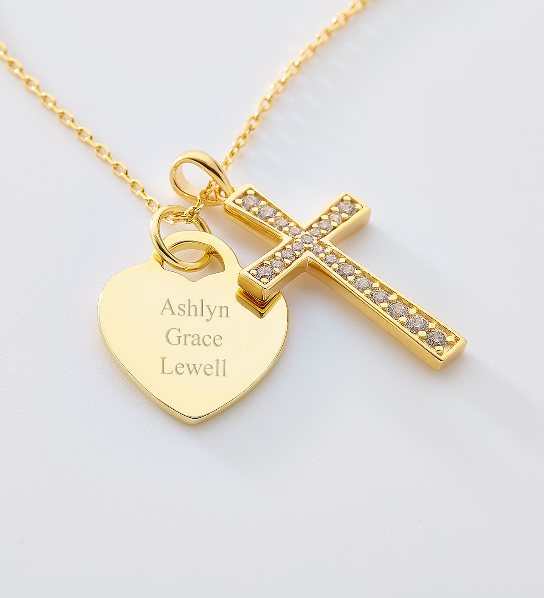 Engraved Heart and Cross Swing Gold/Sterling Silver Necklace