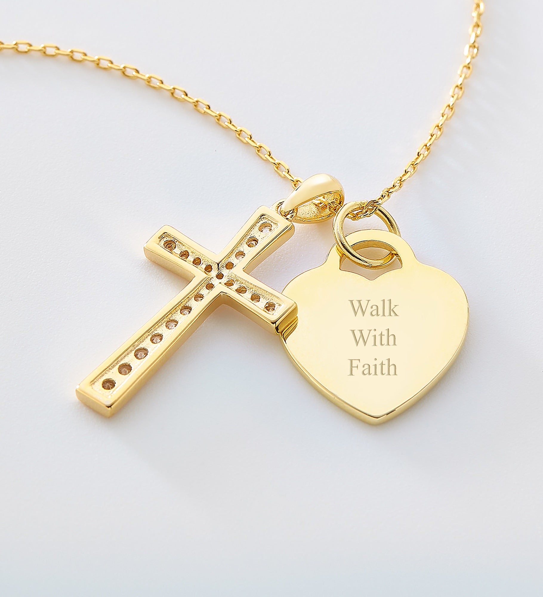 Engraved Heart and Cross Swing Gold/Sterling Silver Necklace