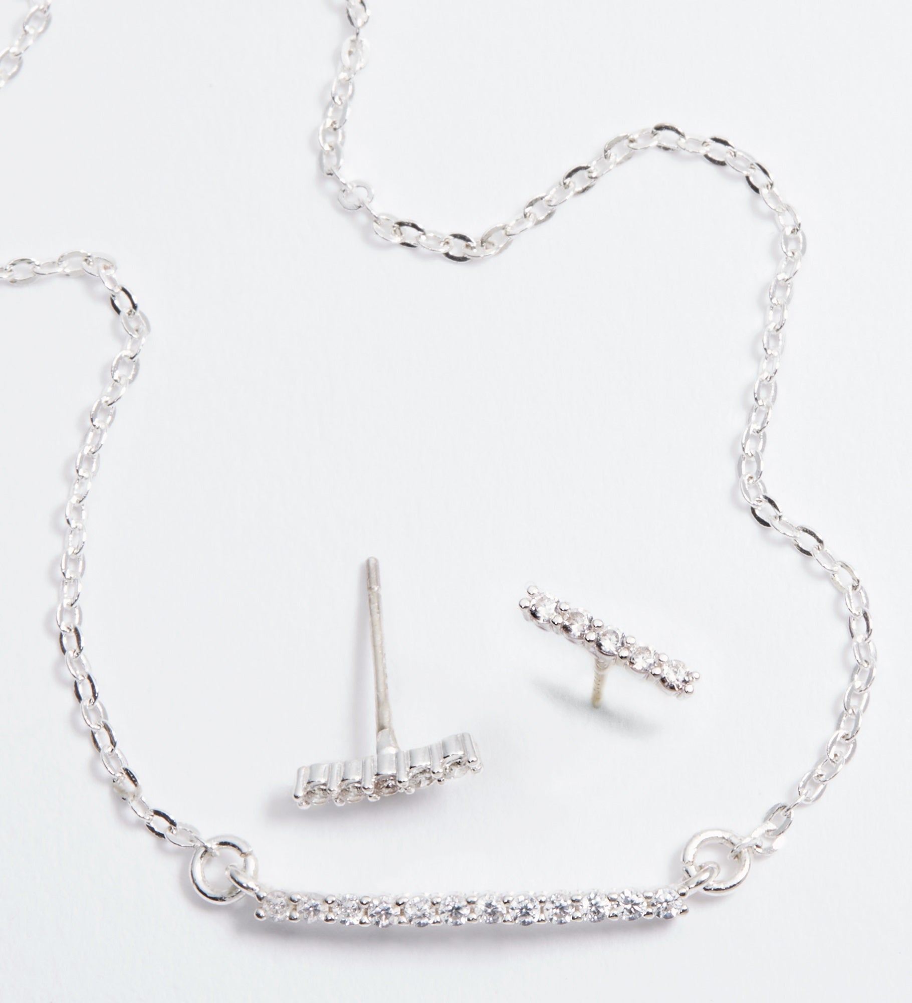  Silver and CZ Bar Necklace and Earring Set