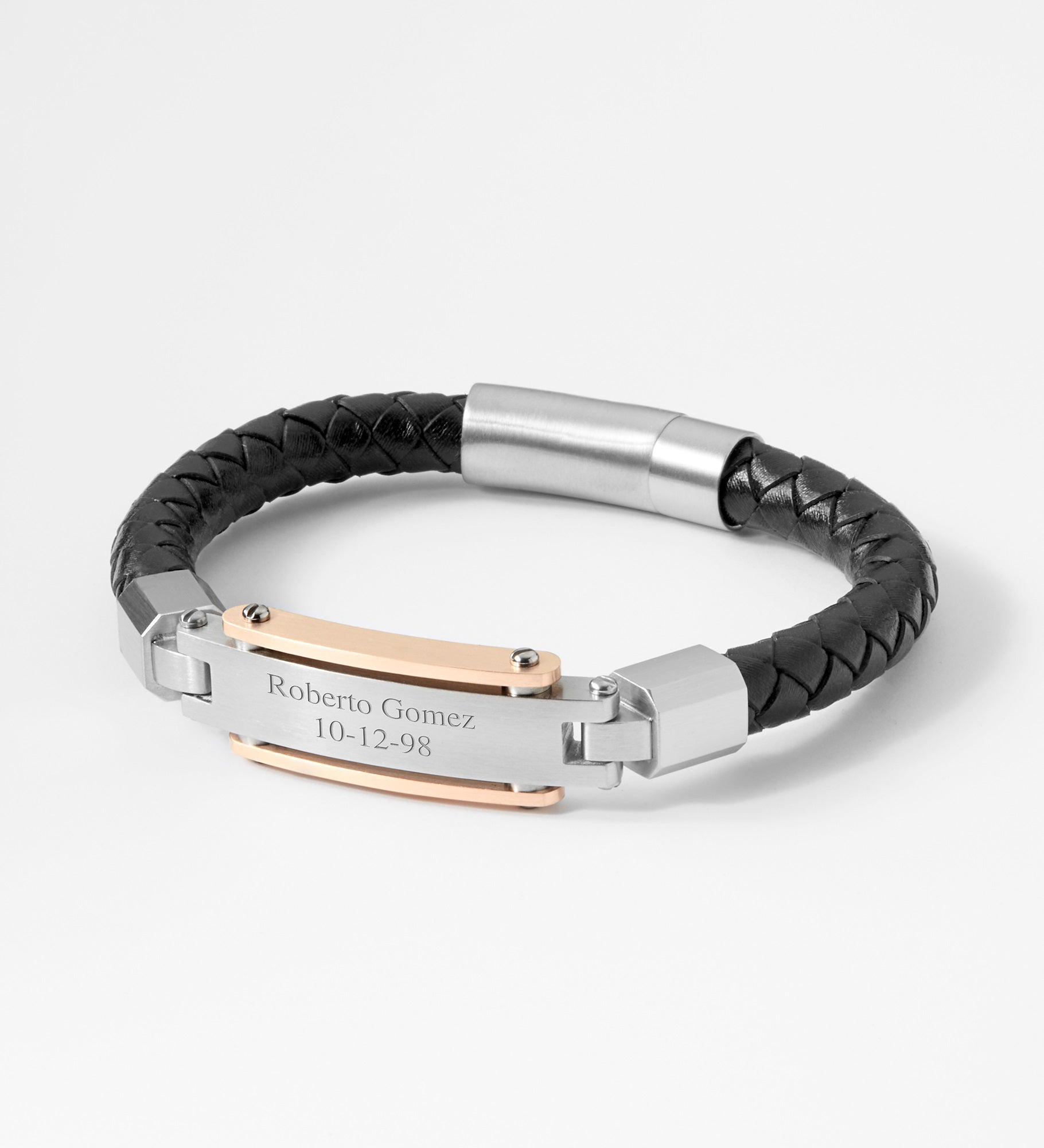 Engraved Black Leather with Rose Gold Accent ID Bracelet