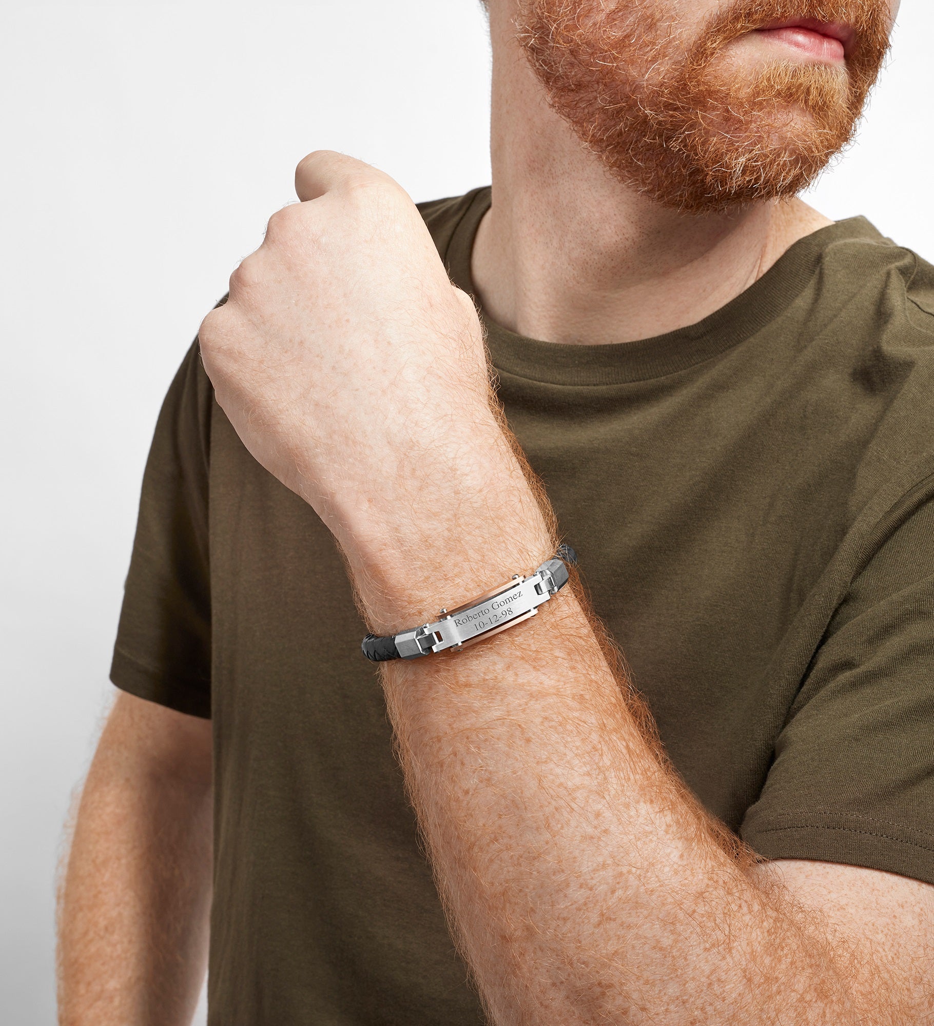 Engraved Black Leather with Rose Gold Accent ID Bracelet