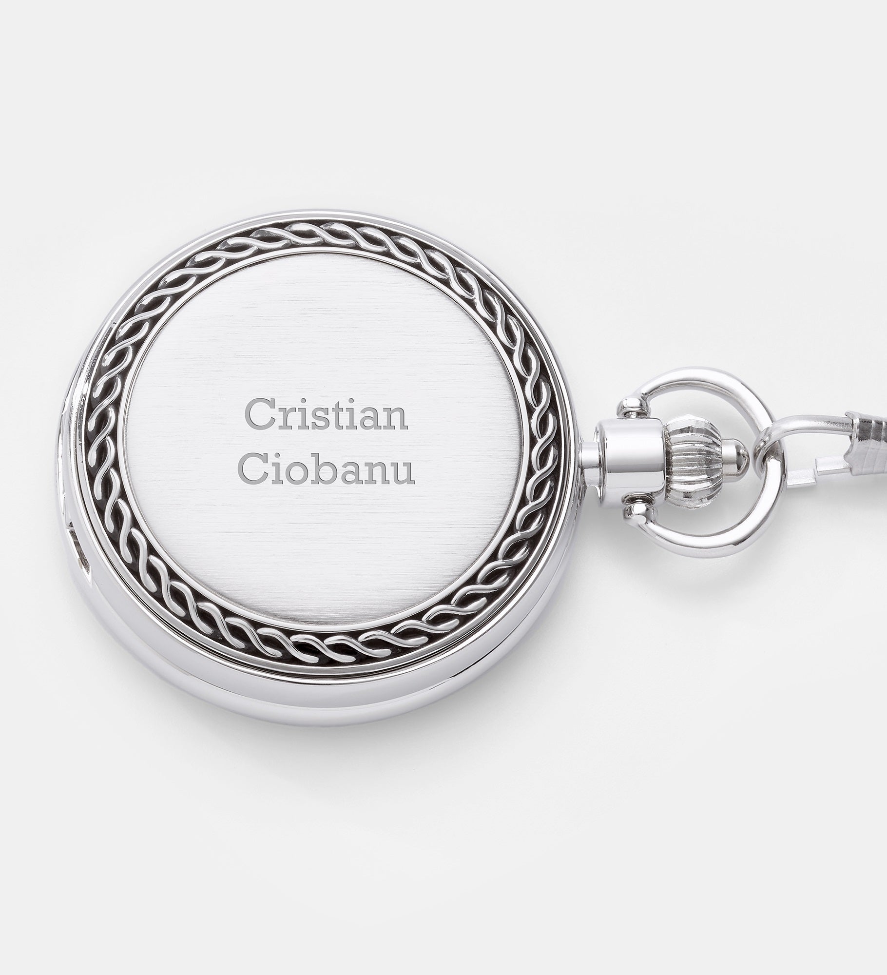 Engraved Silver Braided Skeleton Pocket Roman Numeral Watch and Box